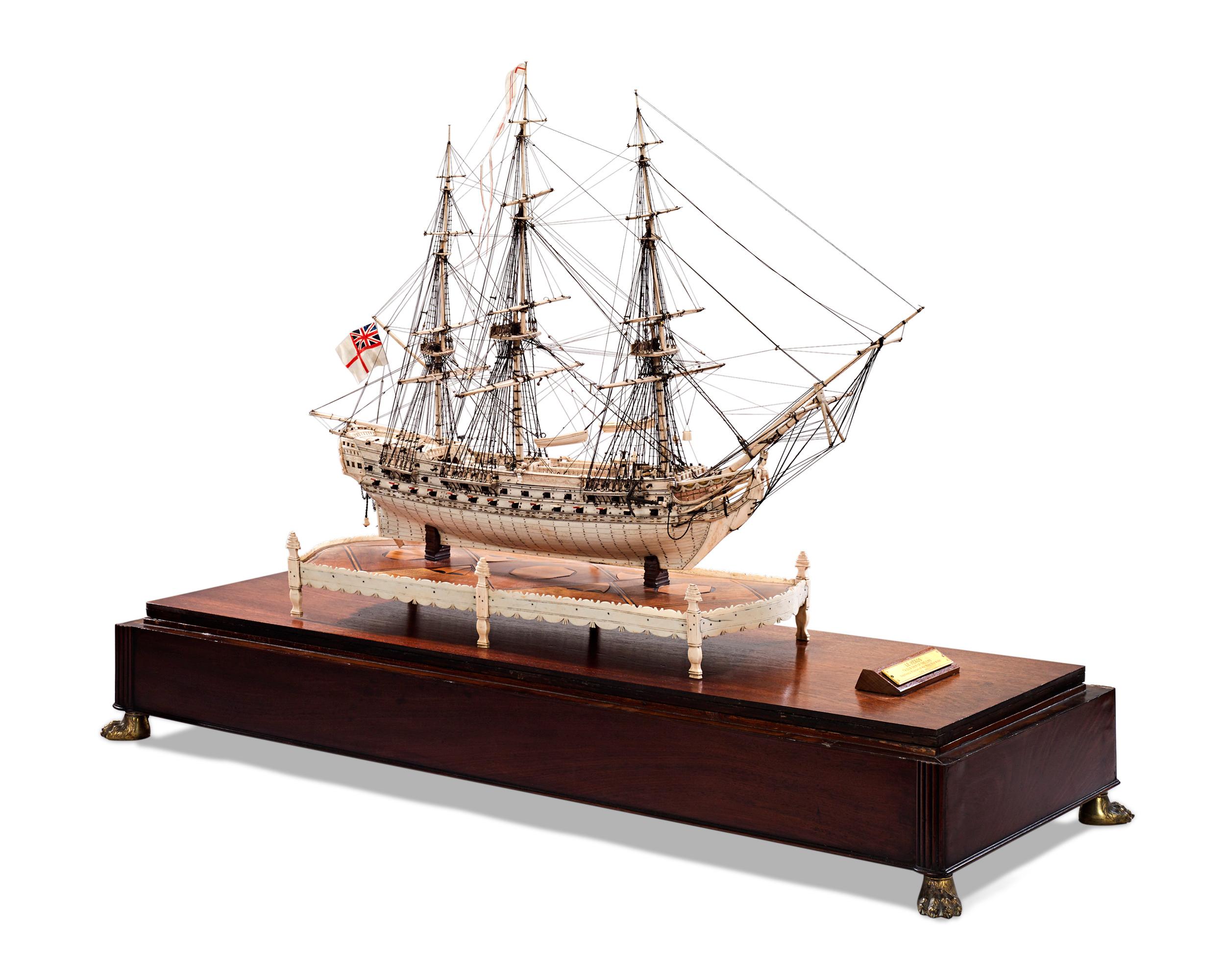 Incredibly rare and stunningly beautiful, this intricately carved ship model was created by a French prisoner during the Napoléonic Wars. Entitled 