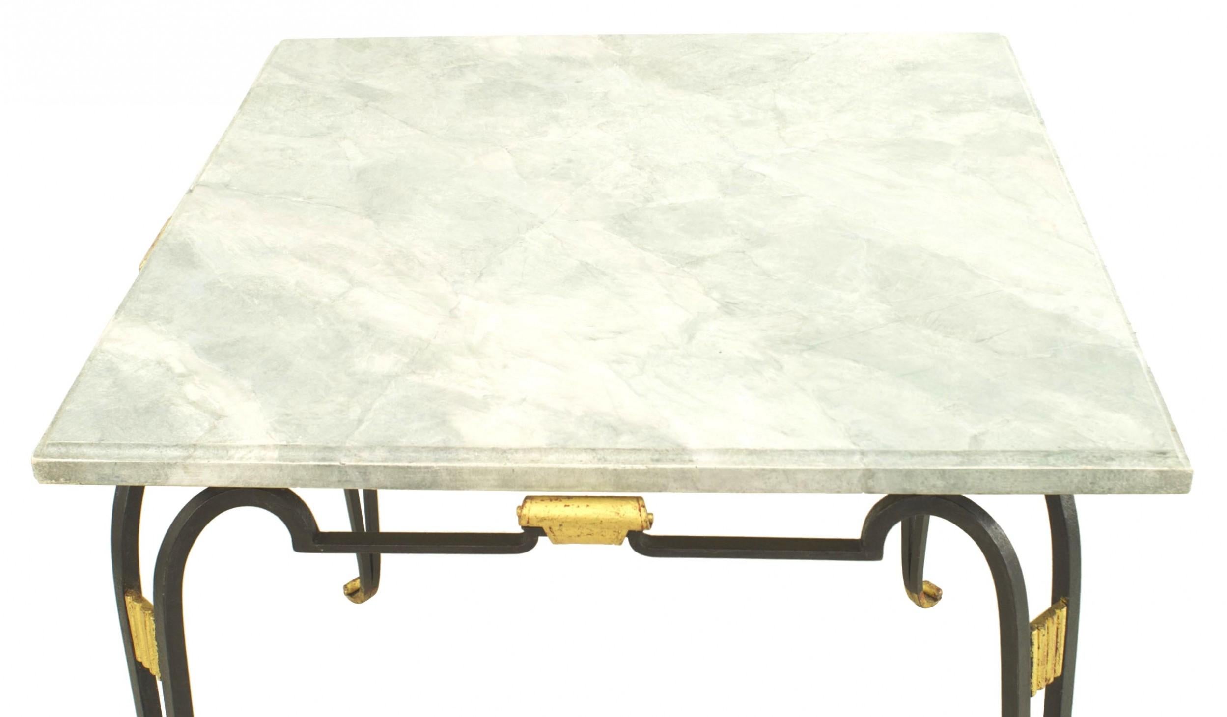 Mesa de juego francesa con tablero de travertino y hierro Prou Moderno de mediados de siglo en venta
