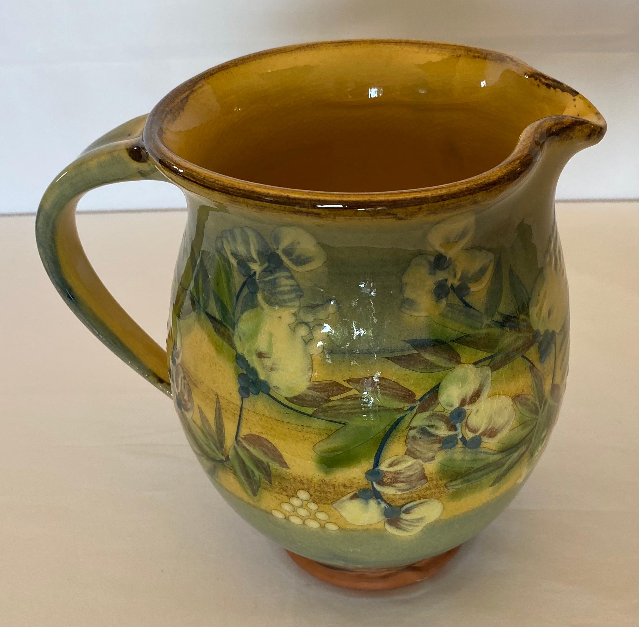 Mid-Century Modern French Provencal Hand-Painted Ceramic Pitcher Vase  For Sale