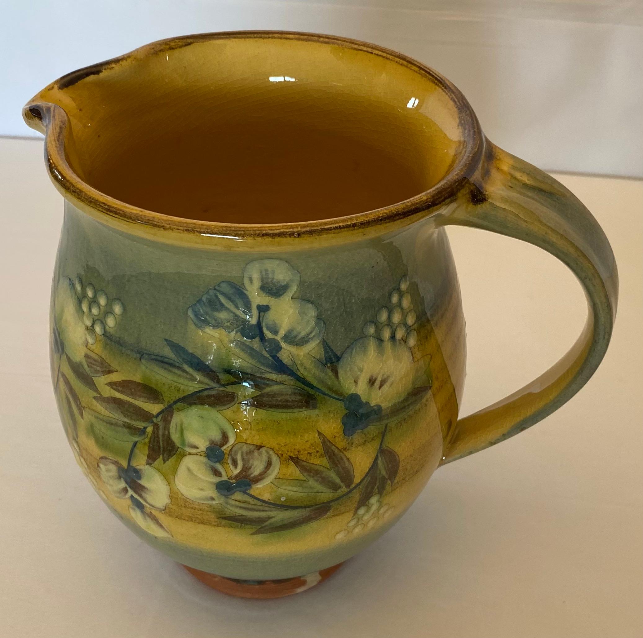 Glazed French Provencal Hand-Painted Ceramic Pitcher Vase  For Sale