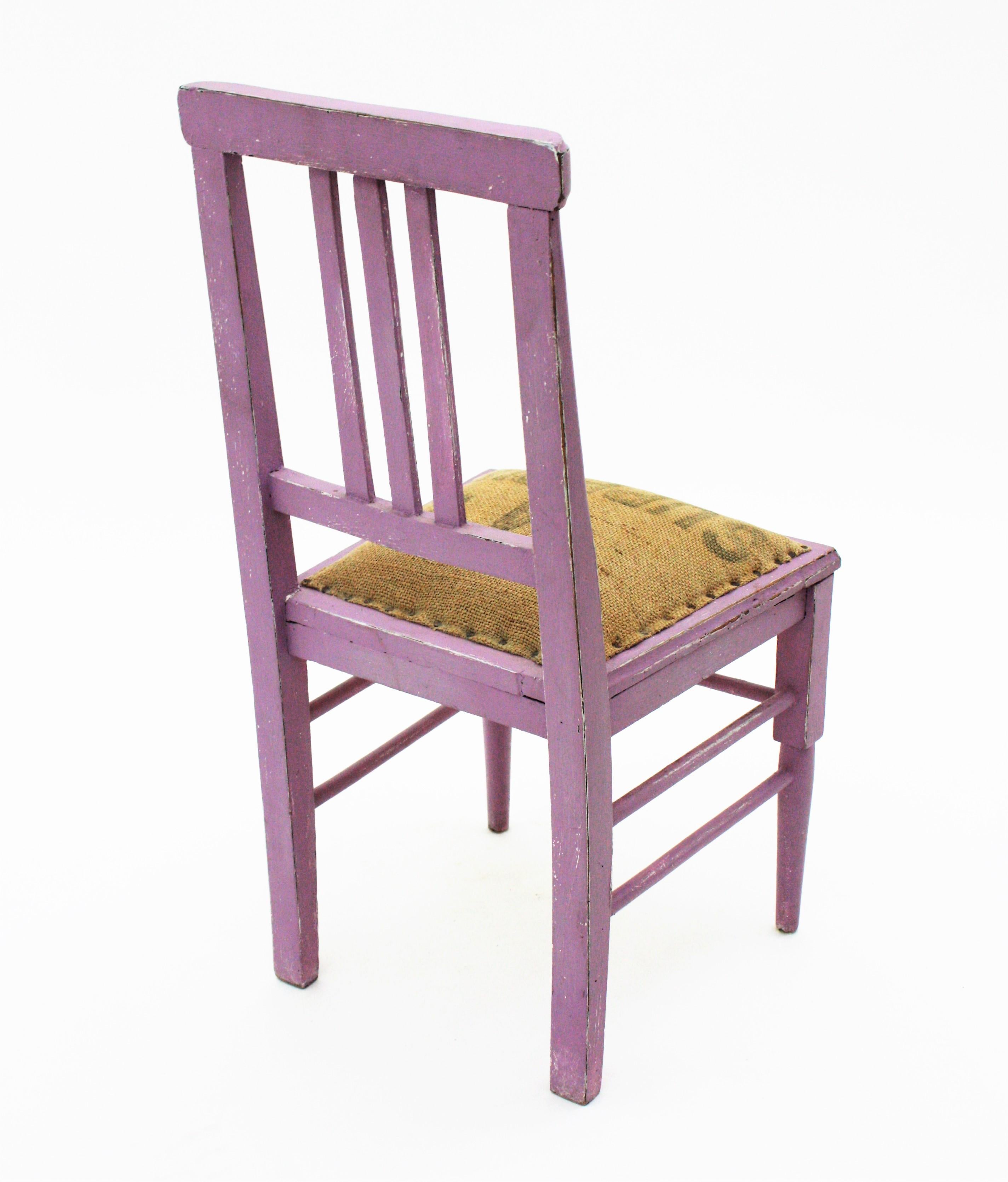 French Provencal Kids Chair in Lavender Patina and Burlap Seat For Sale 4