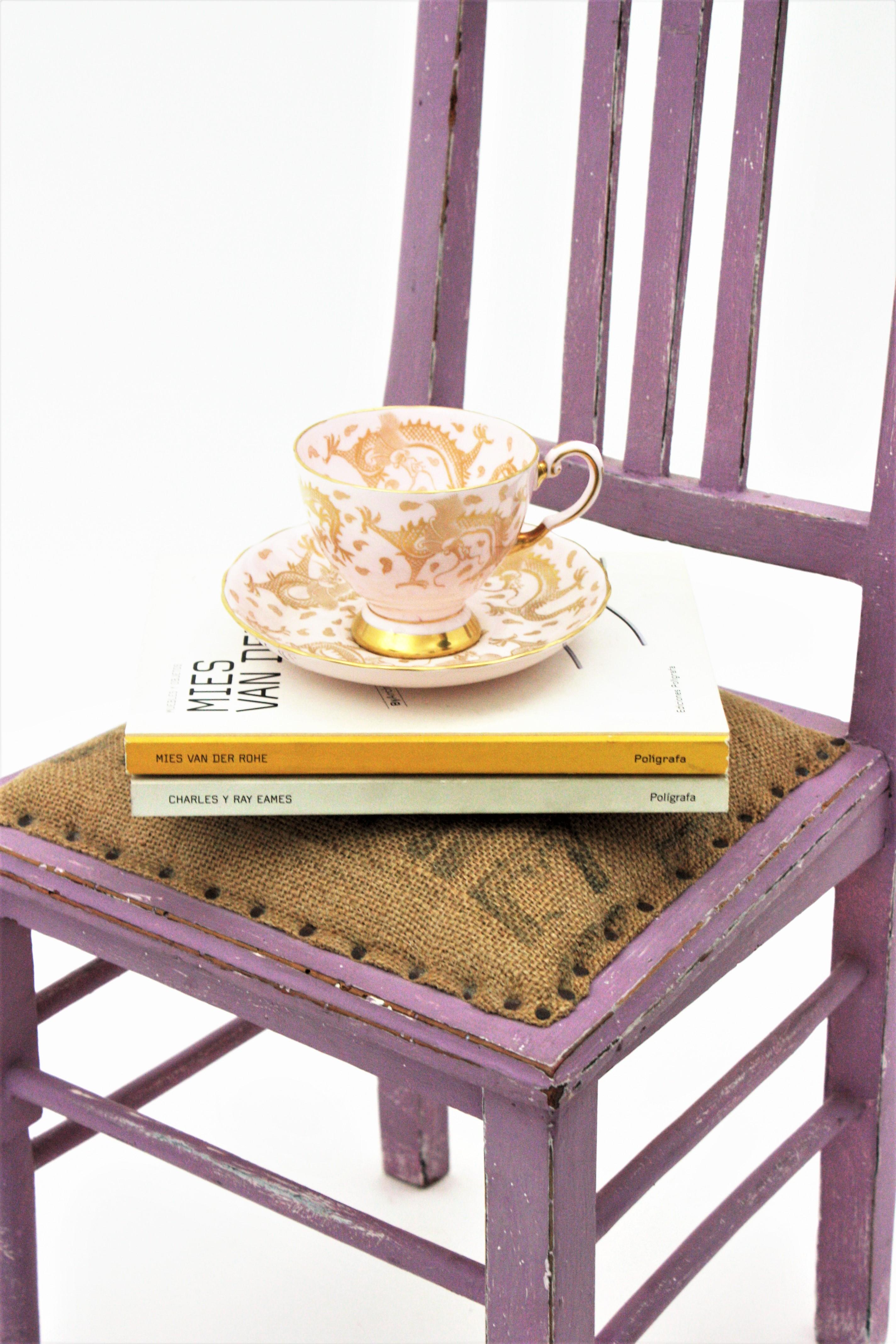 French Provencal Kids Chair in Lavender Patina and Burlap Seat For Sale 4