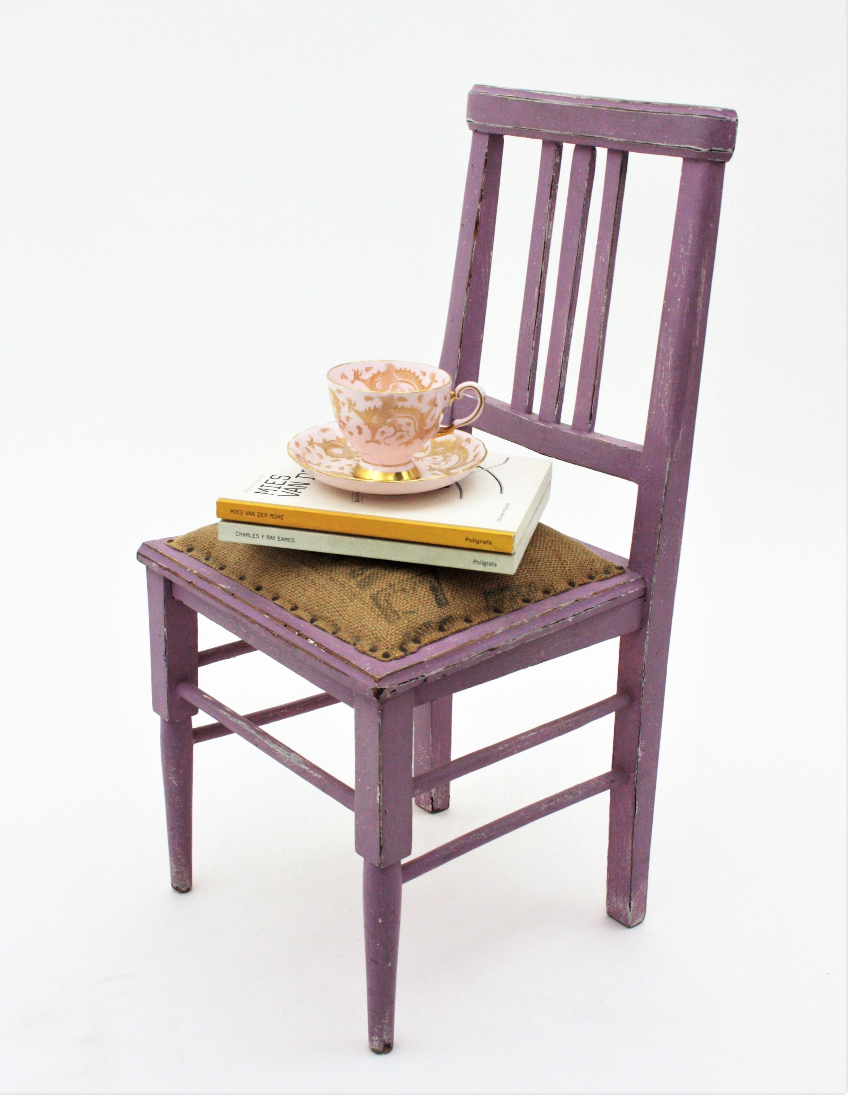 French Provencal Kids Chair in Lavender Patina and Burlap Seat For Sale 5
