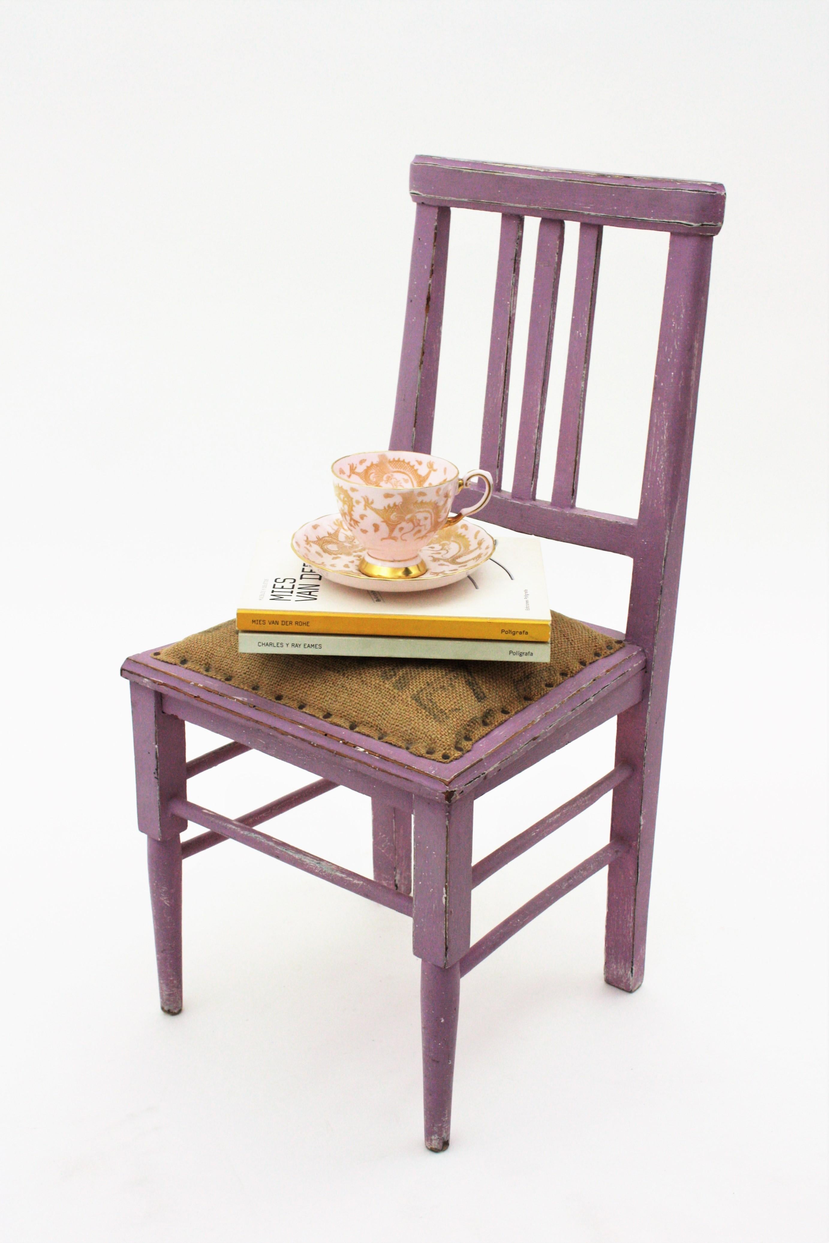 French Provincial French Provencal Kids Chair in Lavender Patina and Burlap Seat For Sale