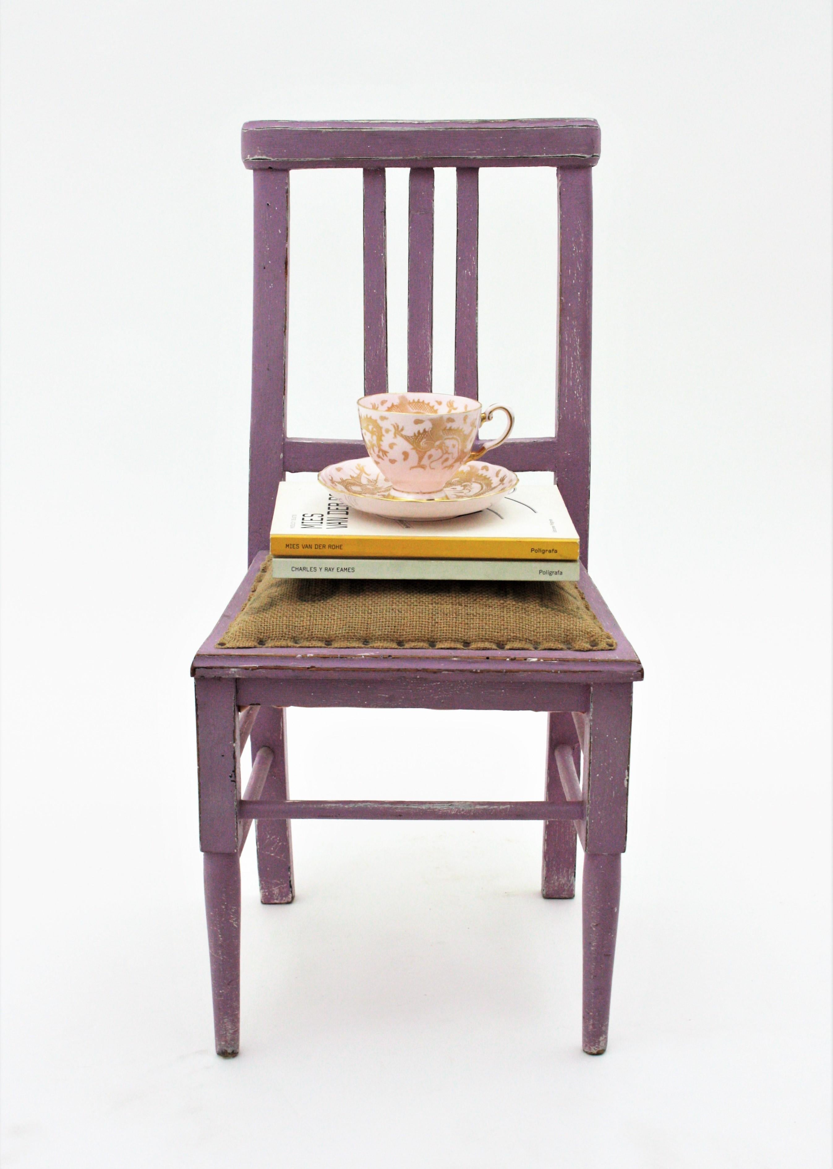 20th Century French Provencal Kids Chair in Lavender Patina and Burlap Seat For Sale