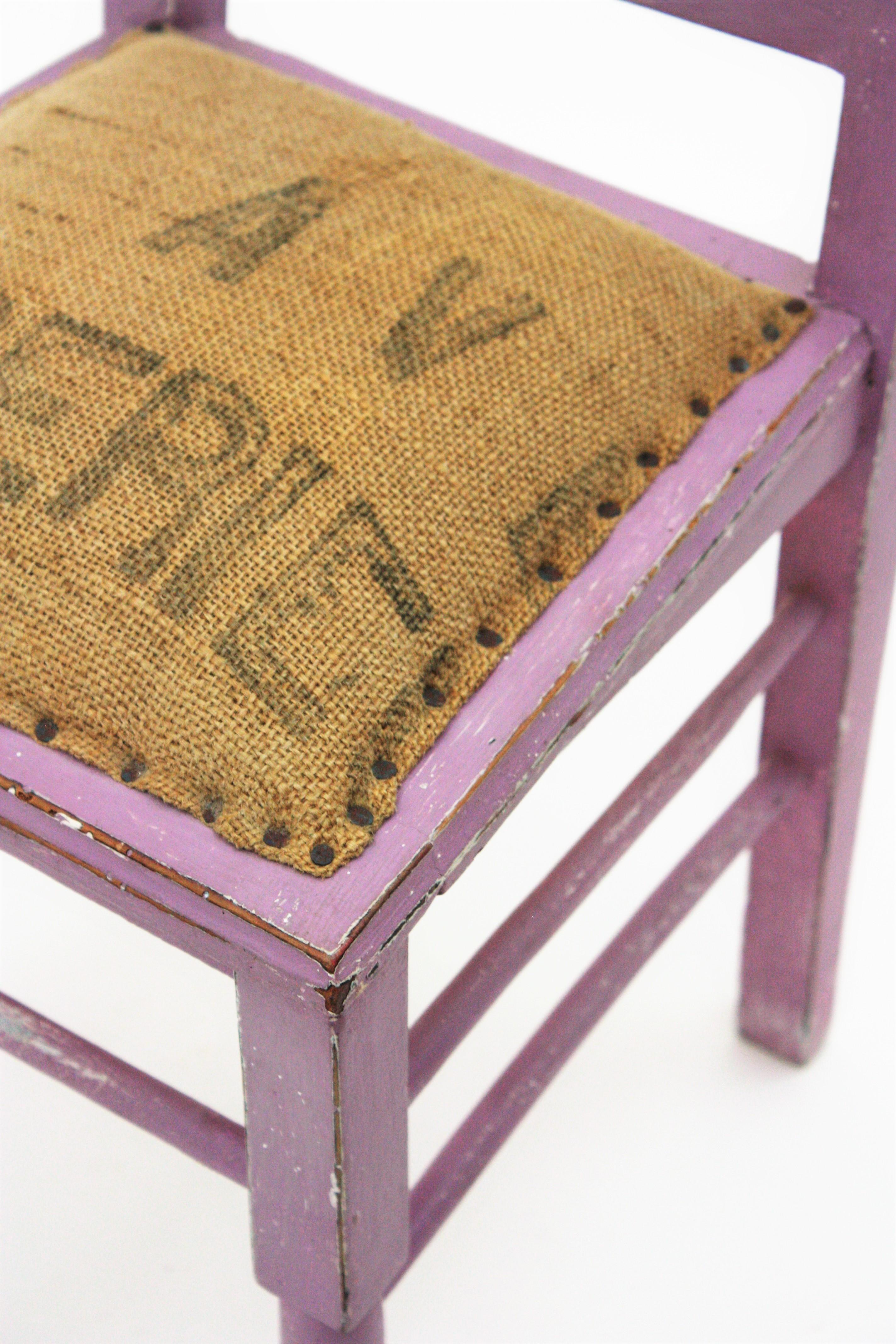 French Provencal Kids Chair in Lavender Patina and Burlap Seat For Sale 2