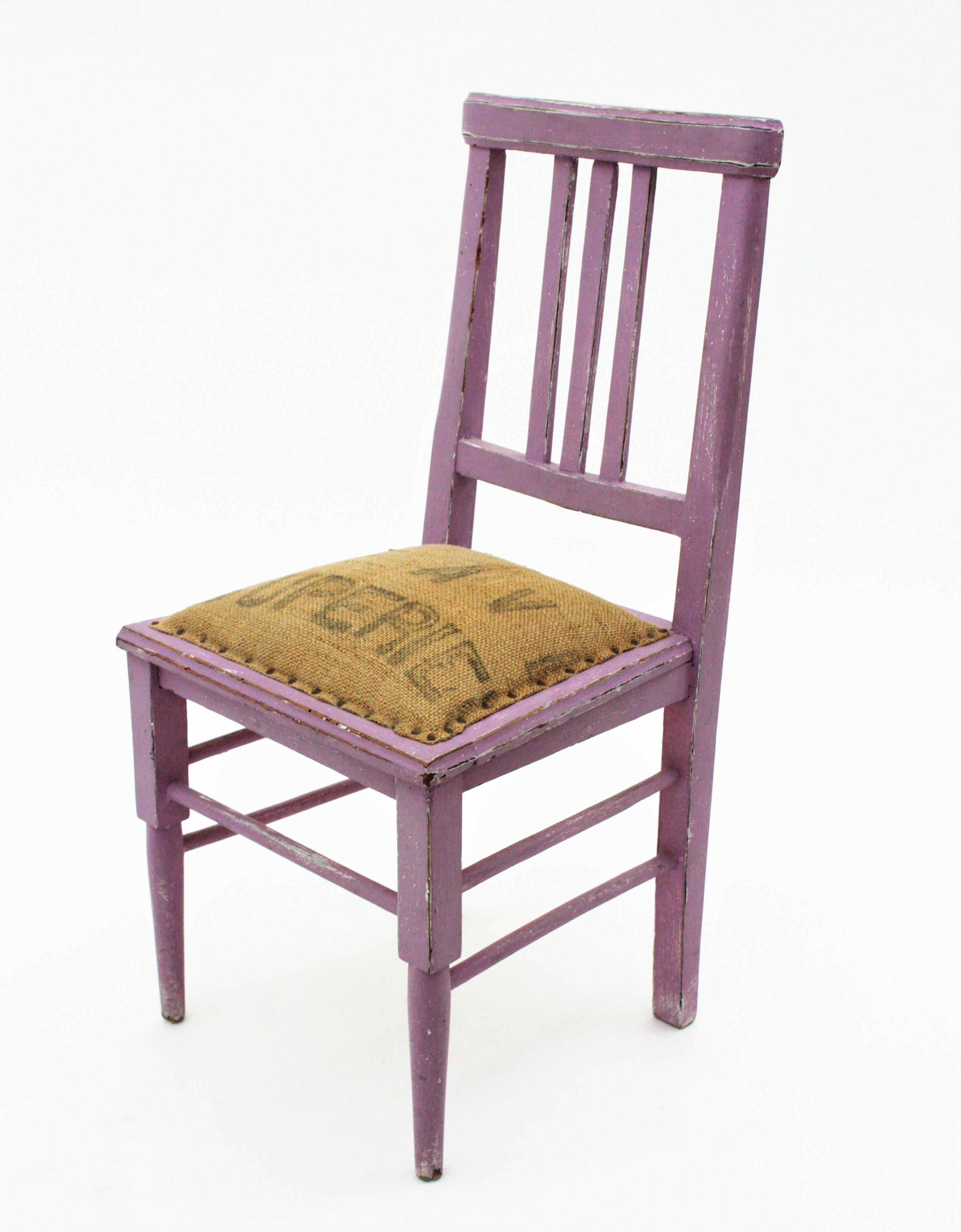 French Provencal Kids Chair in Lavender Patina and Burlap Seat For Sale 3