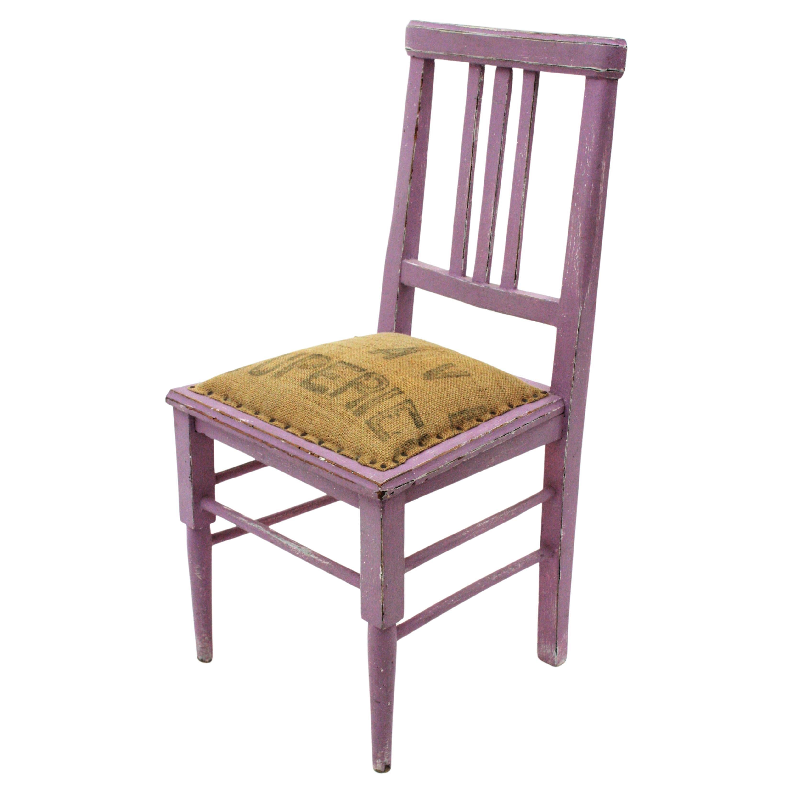 French Provencal Kids Chair in Lavender Patina and Burlap Seat