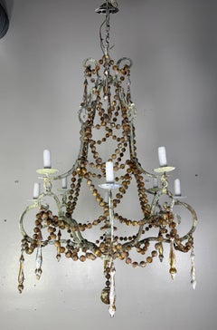 French Provençal Painted Iron Chandelier with Wooden Bead Garlands