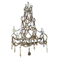 French Provençal Painted Iron Chandelier with Wooden Bead Garlands