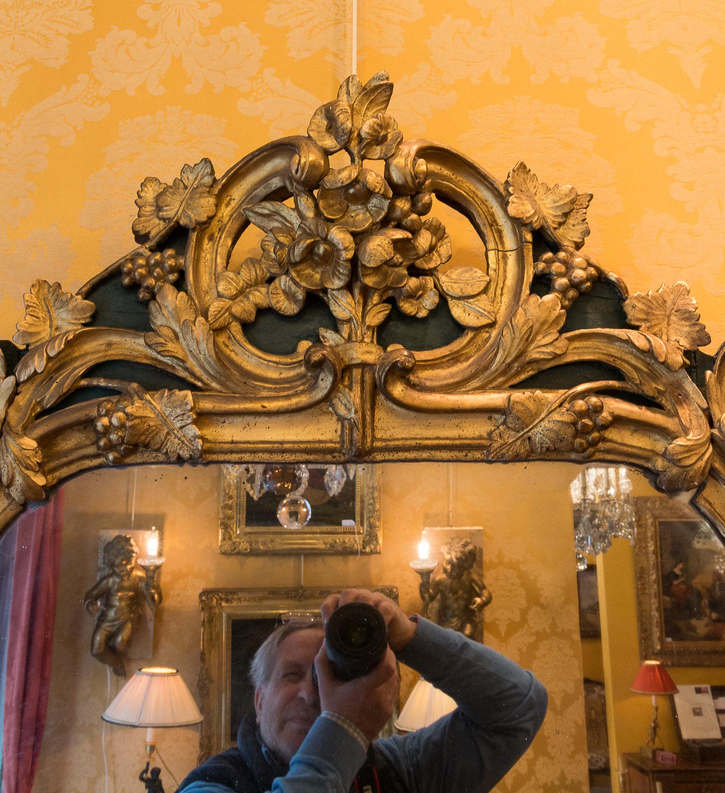 Carved French Provencal Period Louis XV, Large Gilt and Lacquered Wood Mirror