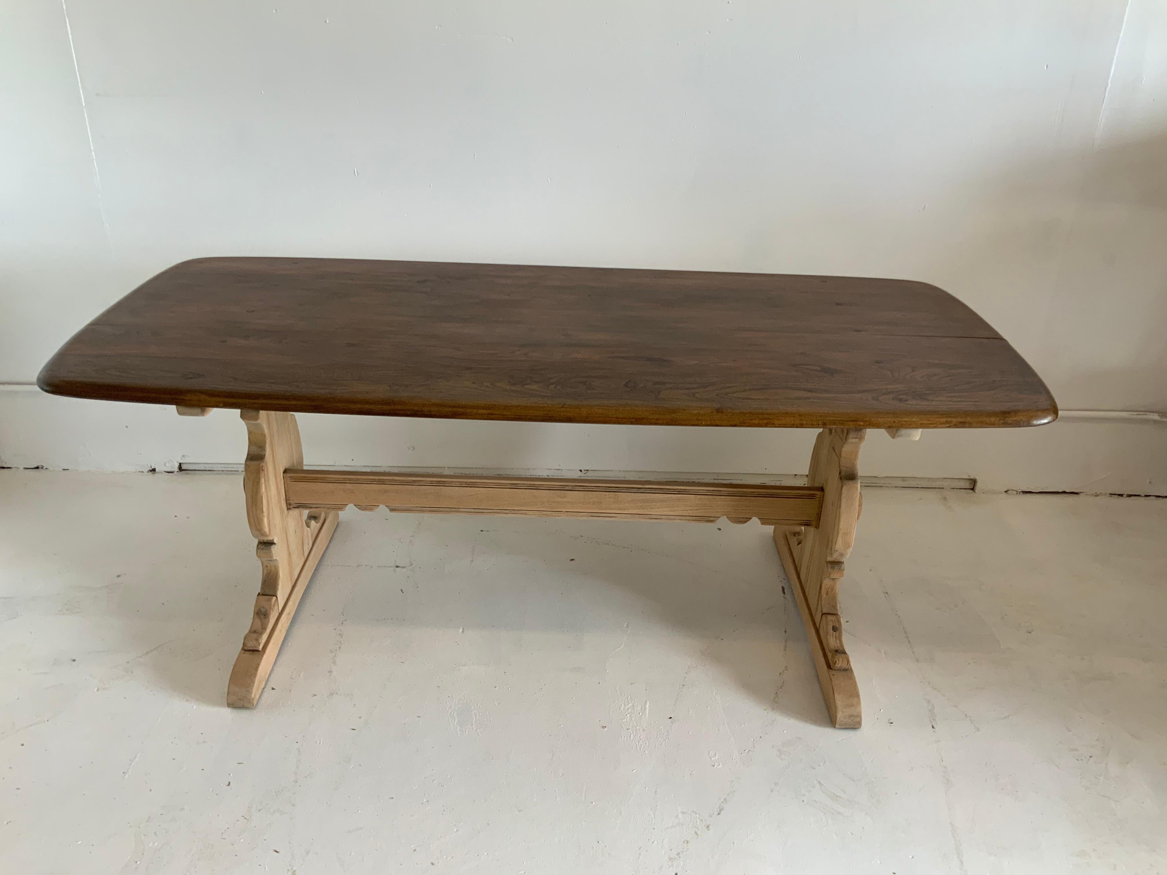 French Provencal style, farm dining tables with 2 tones: bottom bleached by us and a varnished top. 
This piece comes from the South of France
Table knee clearance 26