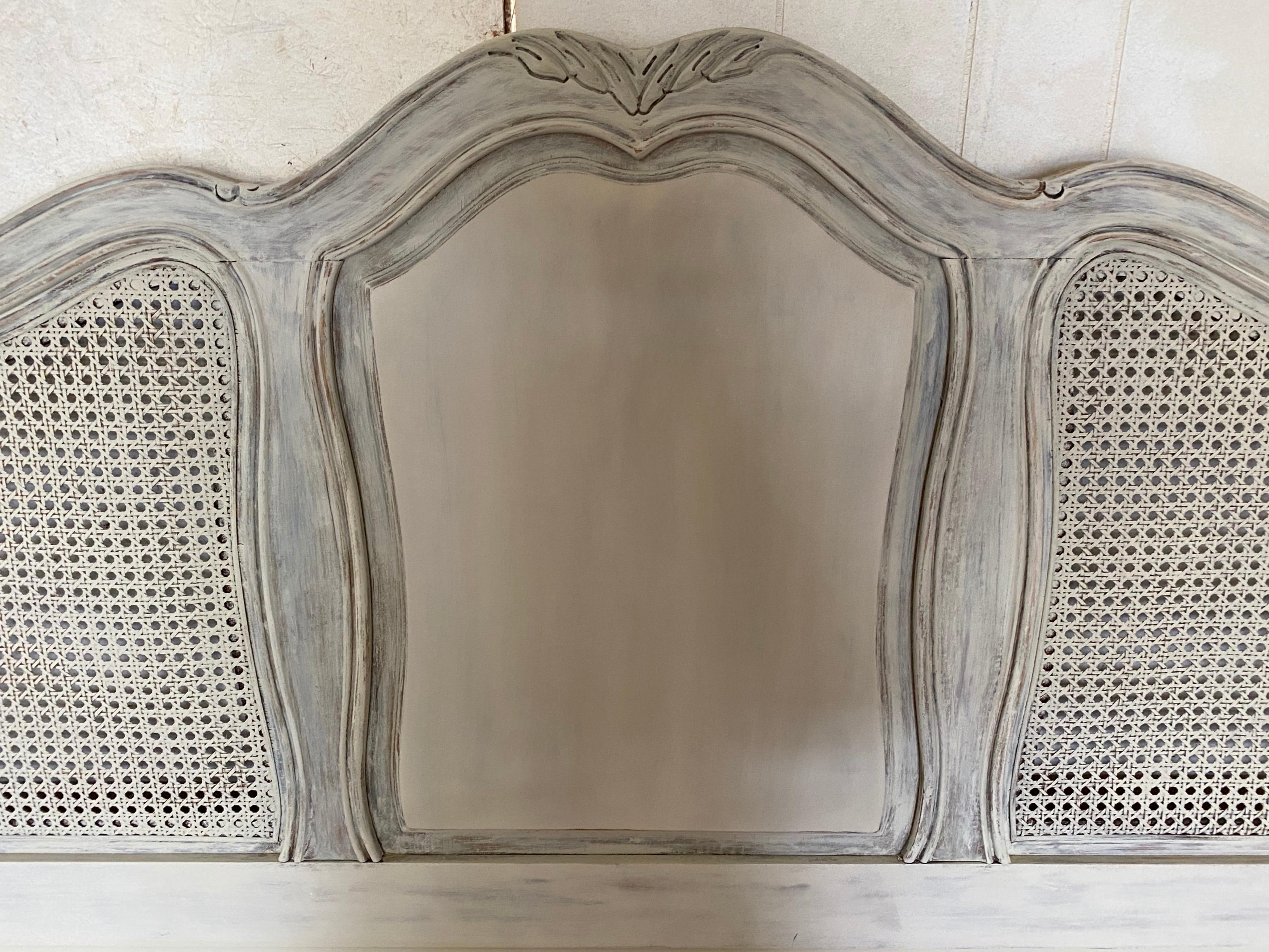 French Provincial French Provencal Style Queen Painted Caned Headboard For Sale