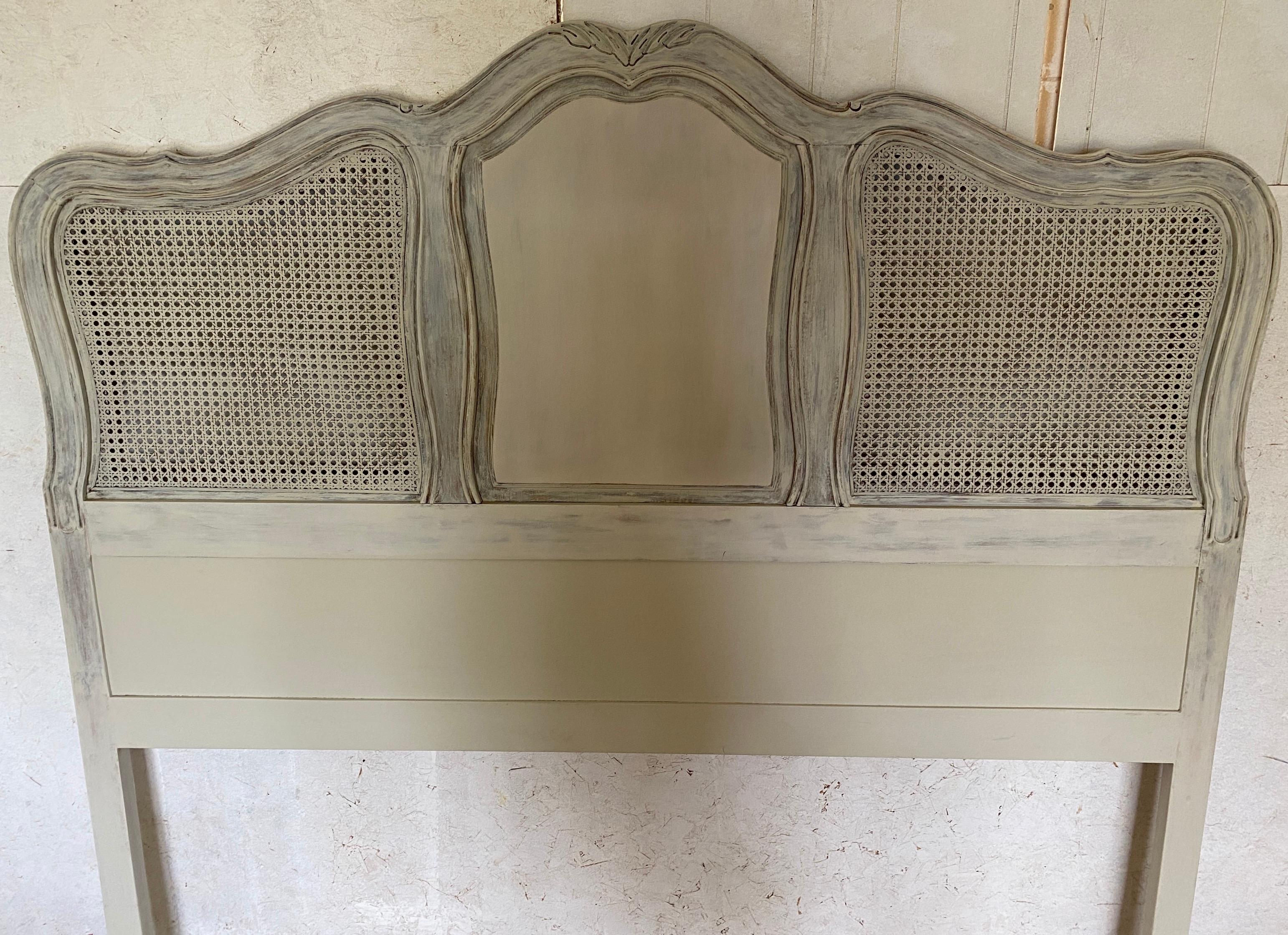American French Provencal Style Queen Painted Caned Headboard For Sale