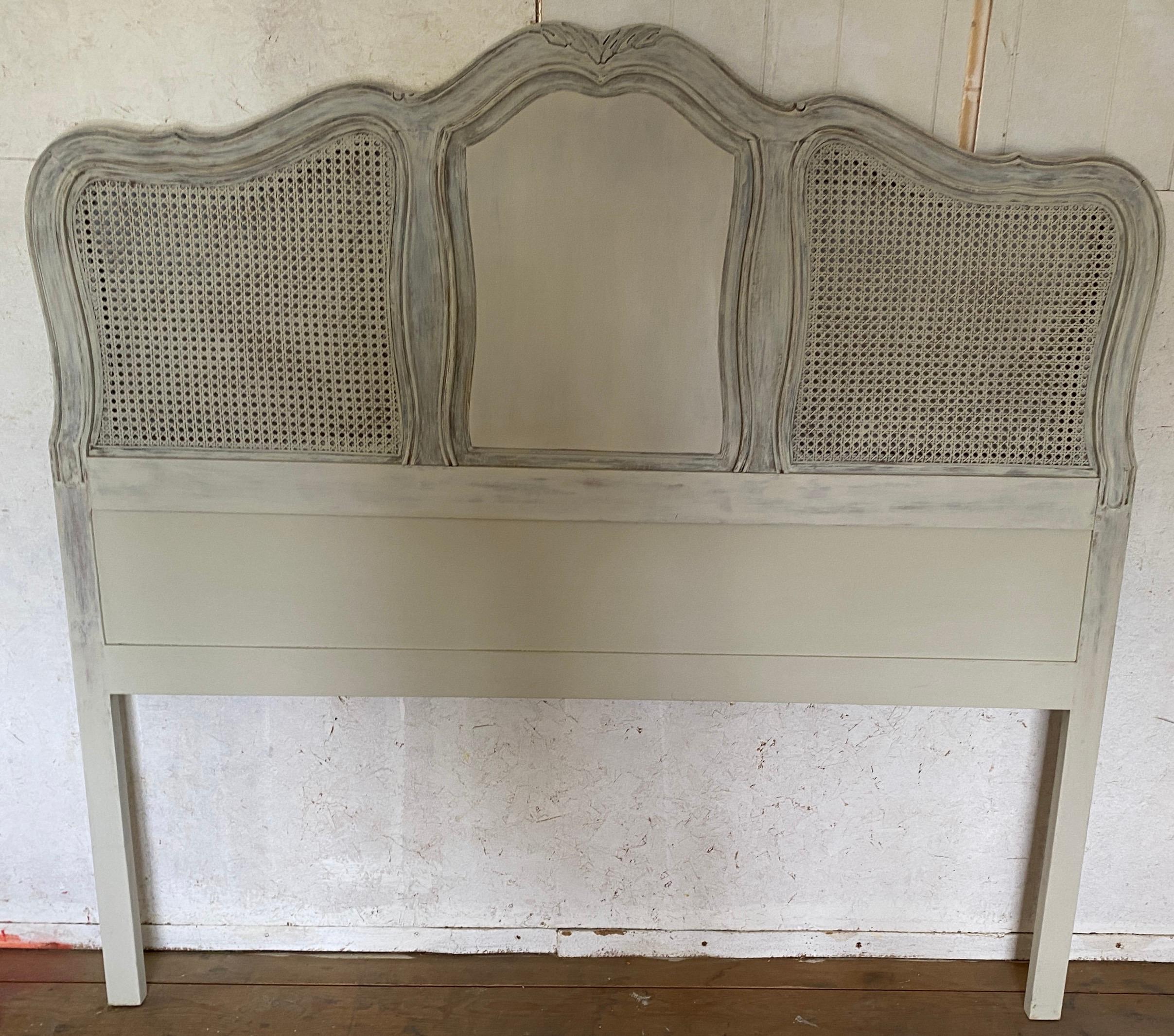 20th Century French Provencal Style Queen Painted Caned Headboard For Sale