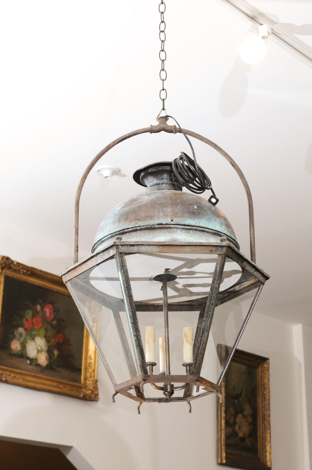 French Provençal Turn of the Century 1900s Copper and Iron Hexagonal Lantern 7