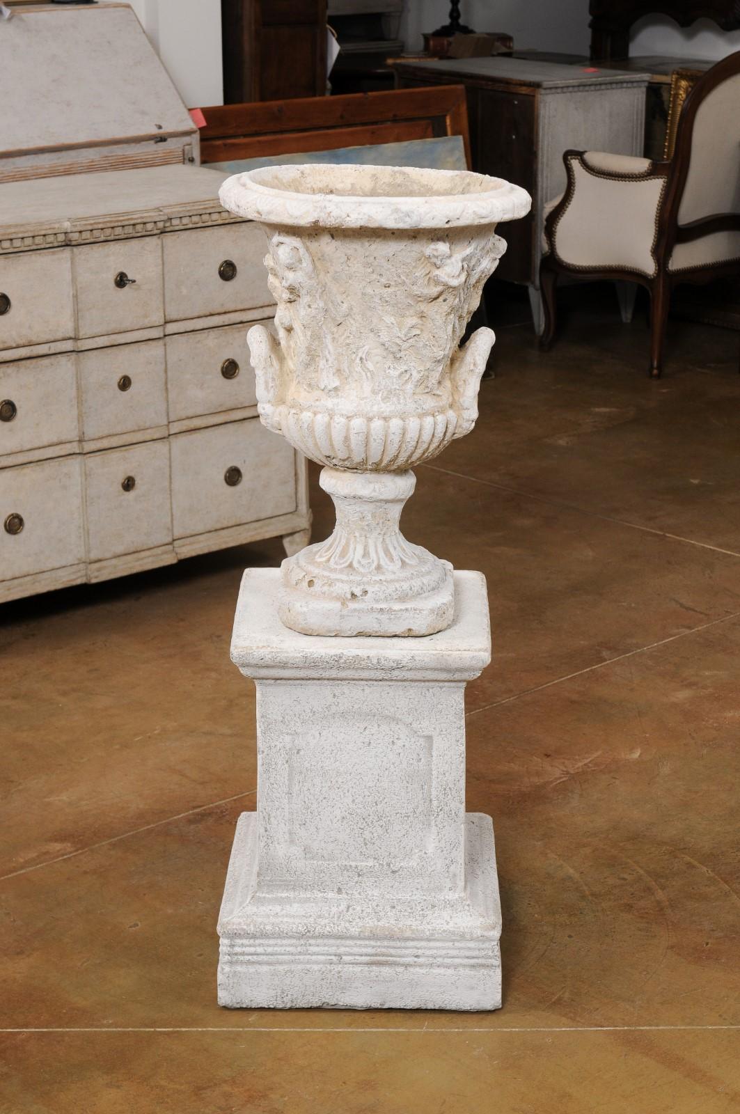 Cast Stone French Provençale Medici Vase Inspired Jardinière with Carved Scenes, circa 1870 For Sale