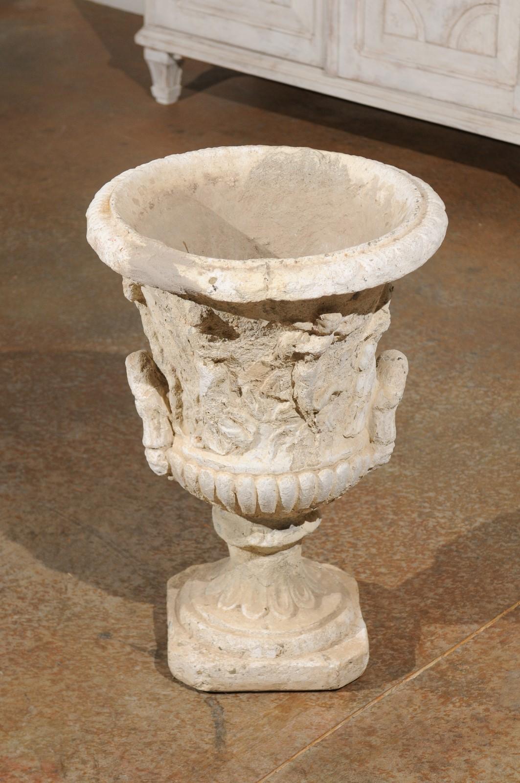 Stone French Provençale Medici Vase Inspired Jardinière with Carved Scenes, circa 1870 For Sale