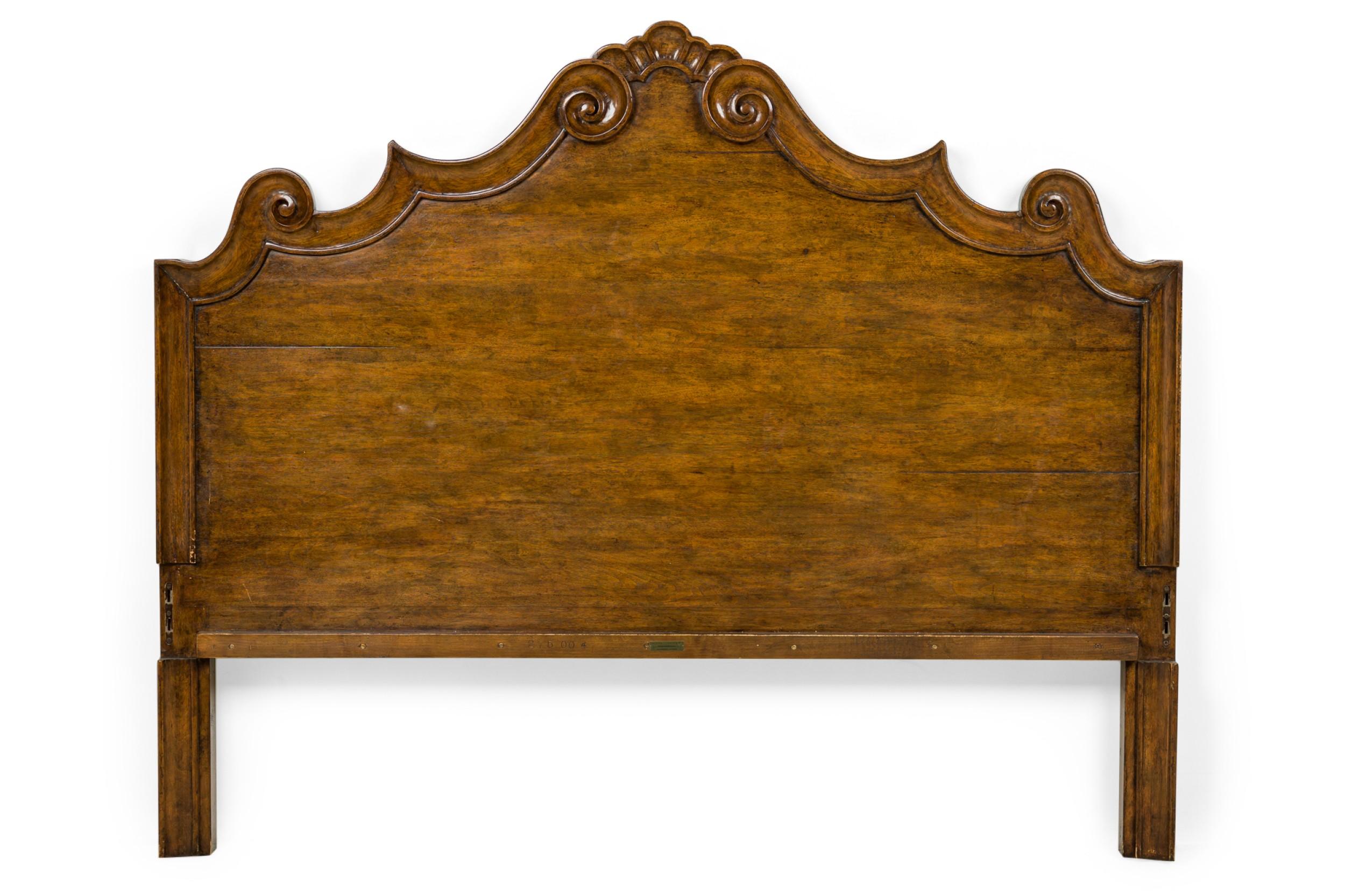 French Provincal style (20th Century) walnut king size bed with a shaped design to the headboard with a scroll and center carved shell design (headboard, footboard, 2 rails) (MICHAEL TAYLOR DESIGN)
 

 Condition: Some wear to finish from age & use