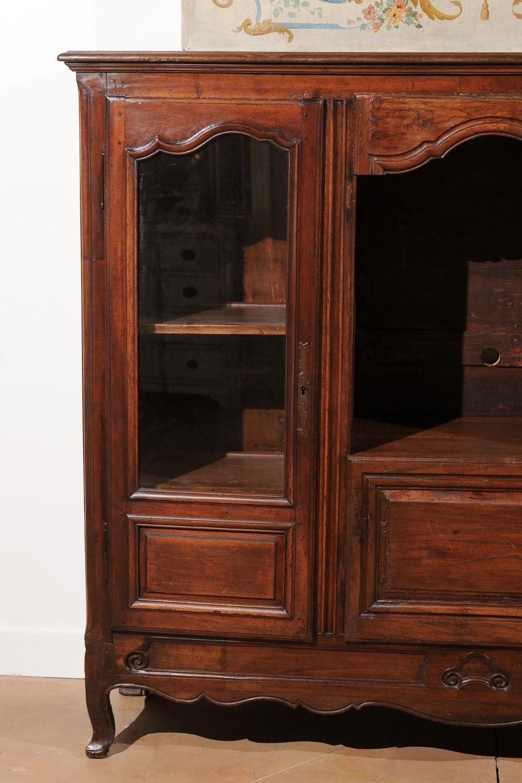 18th Century French Provincial 1780s Walnut Bibliothèque with Glass Doors and Open Shelf
