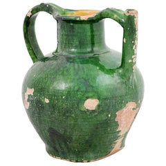 French Provincial 1850s Distressed Green Glazed Pottery Olive Oil Jug