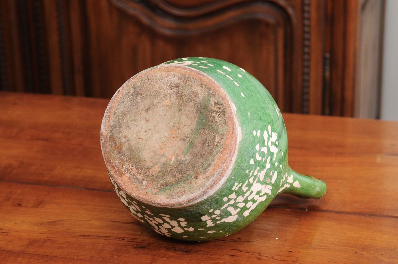 French Provincial 1850s Green Glaze Pottery Olive Oil Jug with Distressed Patina 5