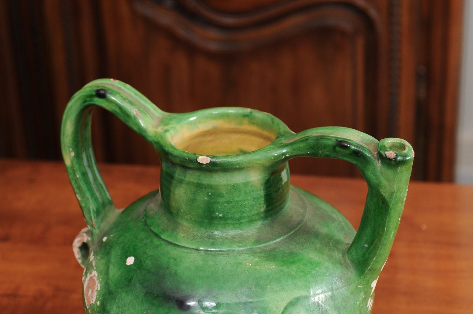 French Provincial 1850s Green Glaze Pottery Olive Oil Jug with Distressed Patina In Good Condition In Atlanta, GA