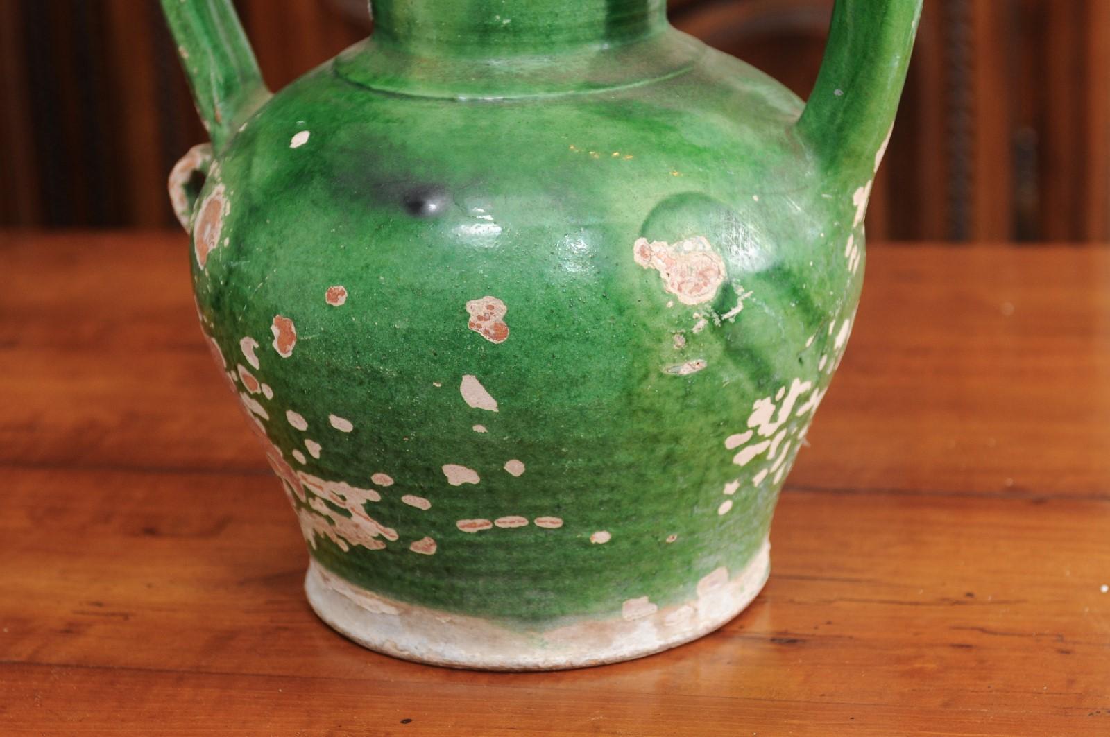19th Century French Provincial 1850s Green Glaze Pottery Olive Oil Jug with Distressed Patina