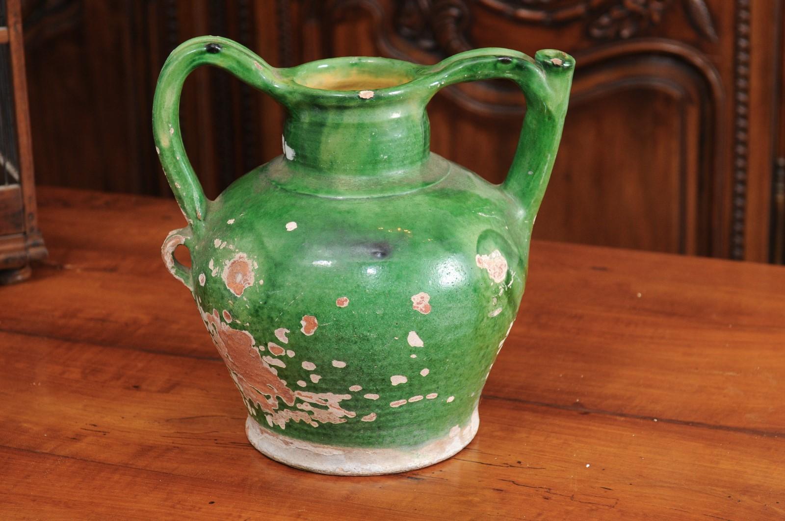 French Provincial 1850s Green Glaze Pottery Olive Oil Jug with Distressed Patina 1