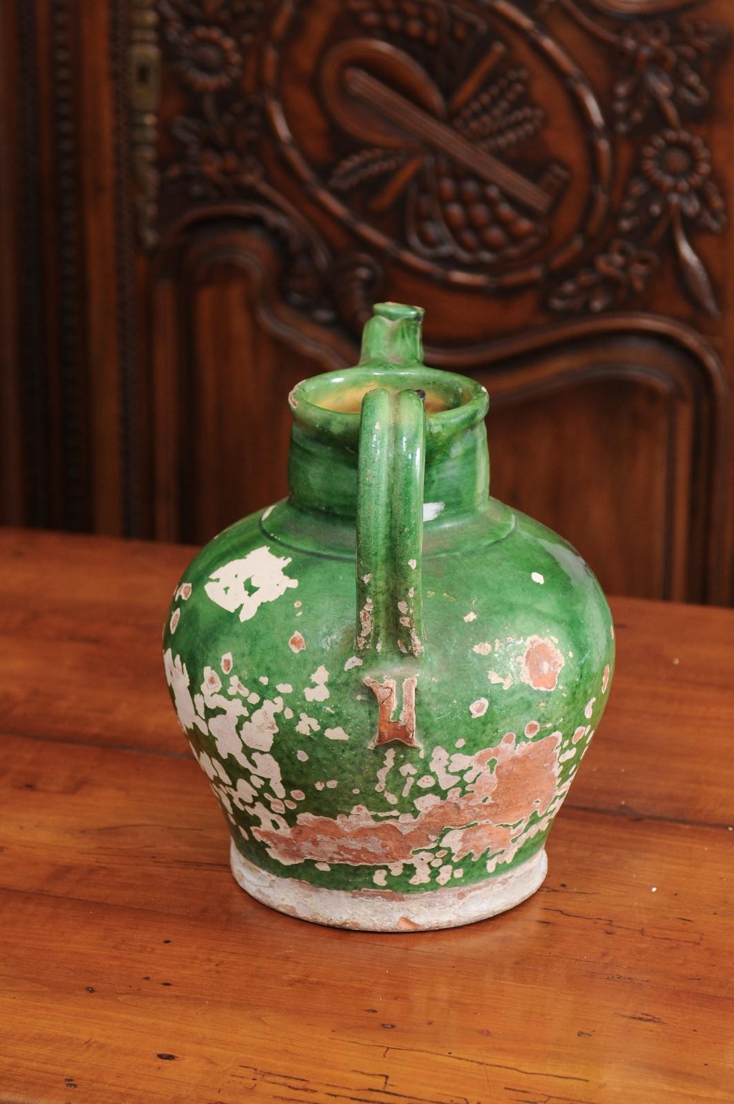 French Provincial 1850s Green Glaze Pottery Olive Oil Jug with Distressed Patina 2
