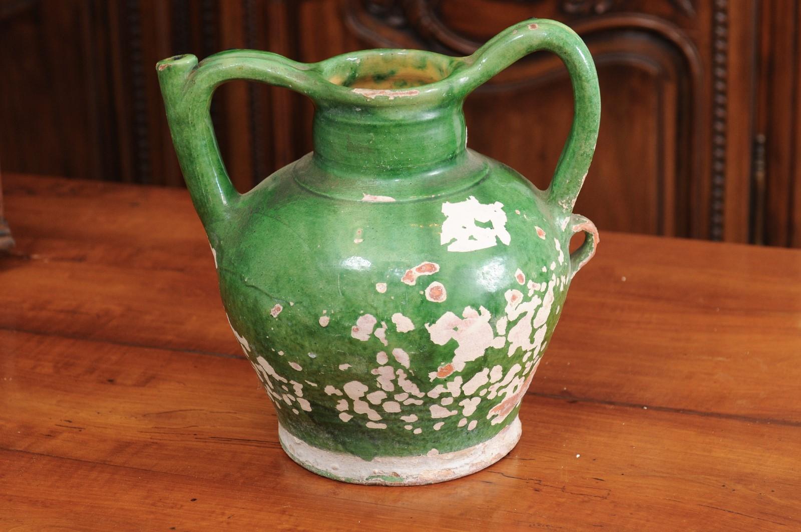 French Provincial 1850s Green Glaze Pottery Olive Oil Jug with Distressed Patina 3