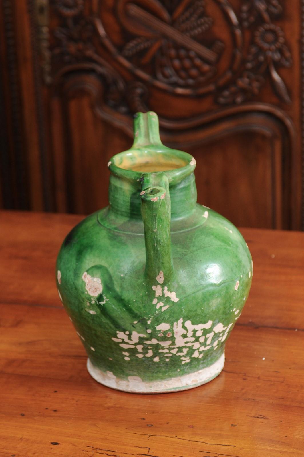 French Provincial 1850s Green Glaze Pottery Olive Oil Jug with Distressed Patina 4