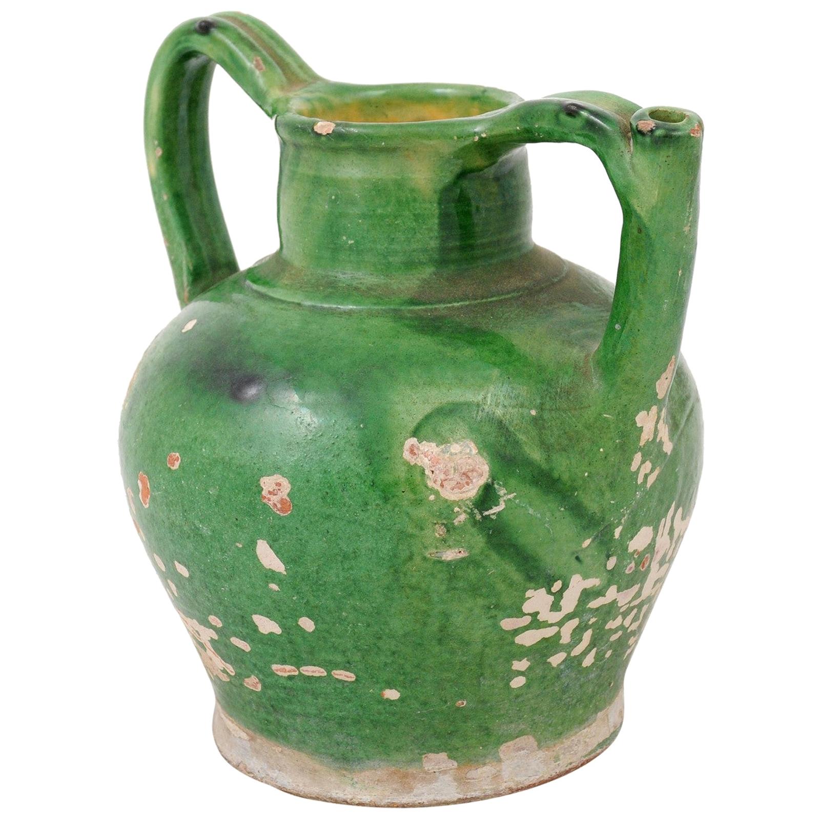 French Provincial 1850s Green Glaze Pottery Olive Oil Jug with Distressed Patina