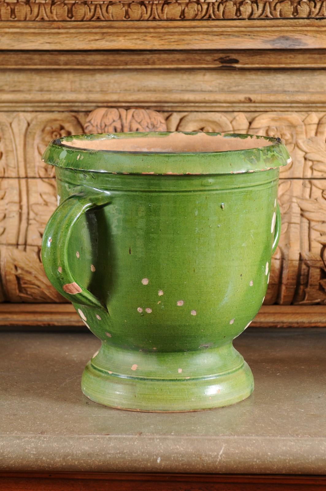French Provincial 1850s Green Glazed Pottery Jardinière with Distressed Patina 6