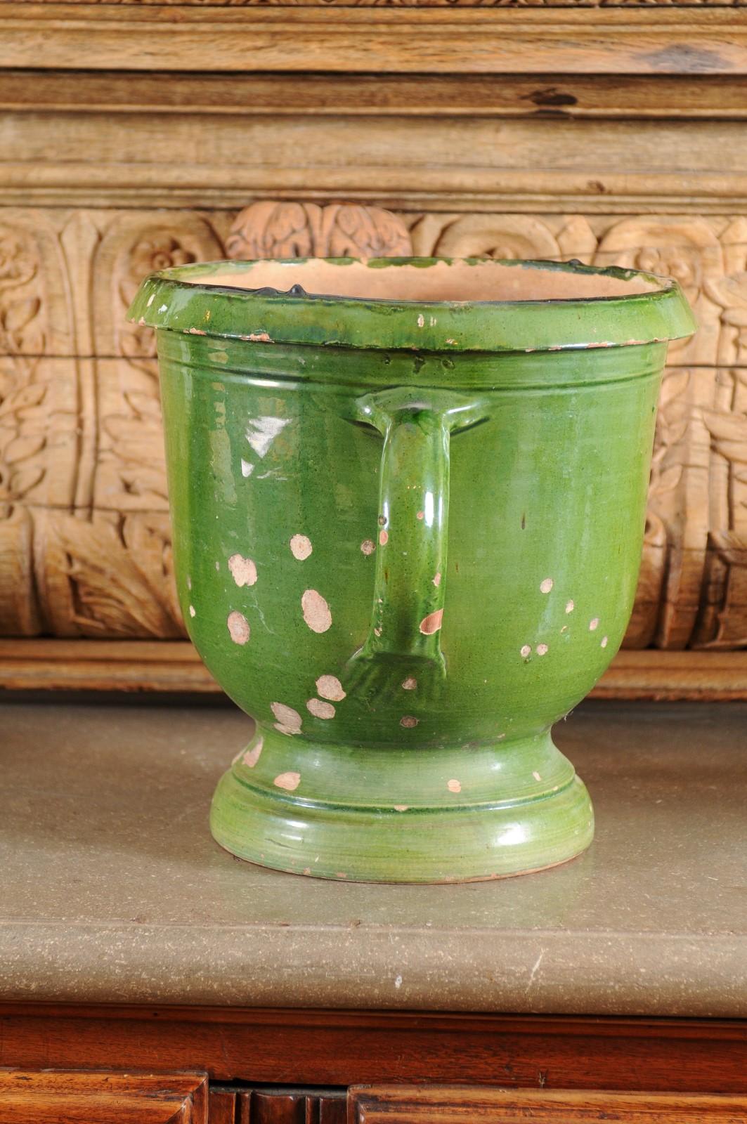 French Provincial 1850s Green Glazed Pottery Jardinière with Distressed Patina 7