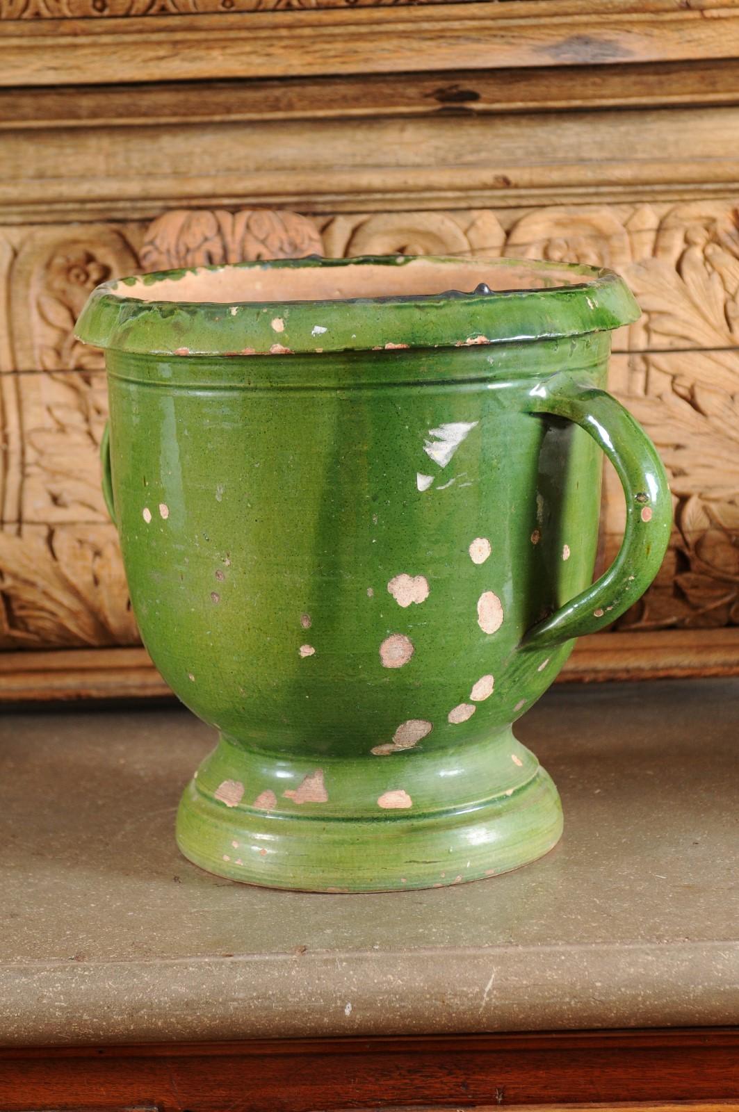 French Provincial 1850s Green Glazed Pottery Jardinière with Distressed Patina 8