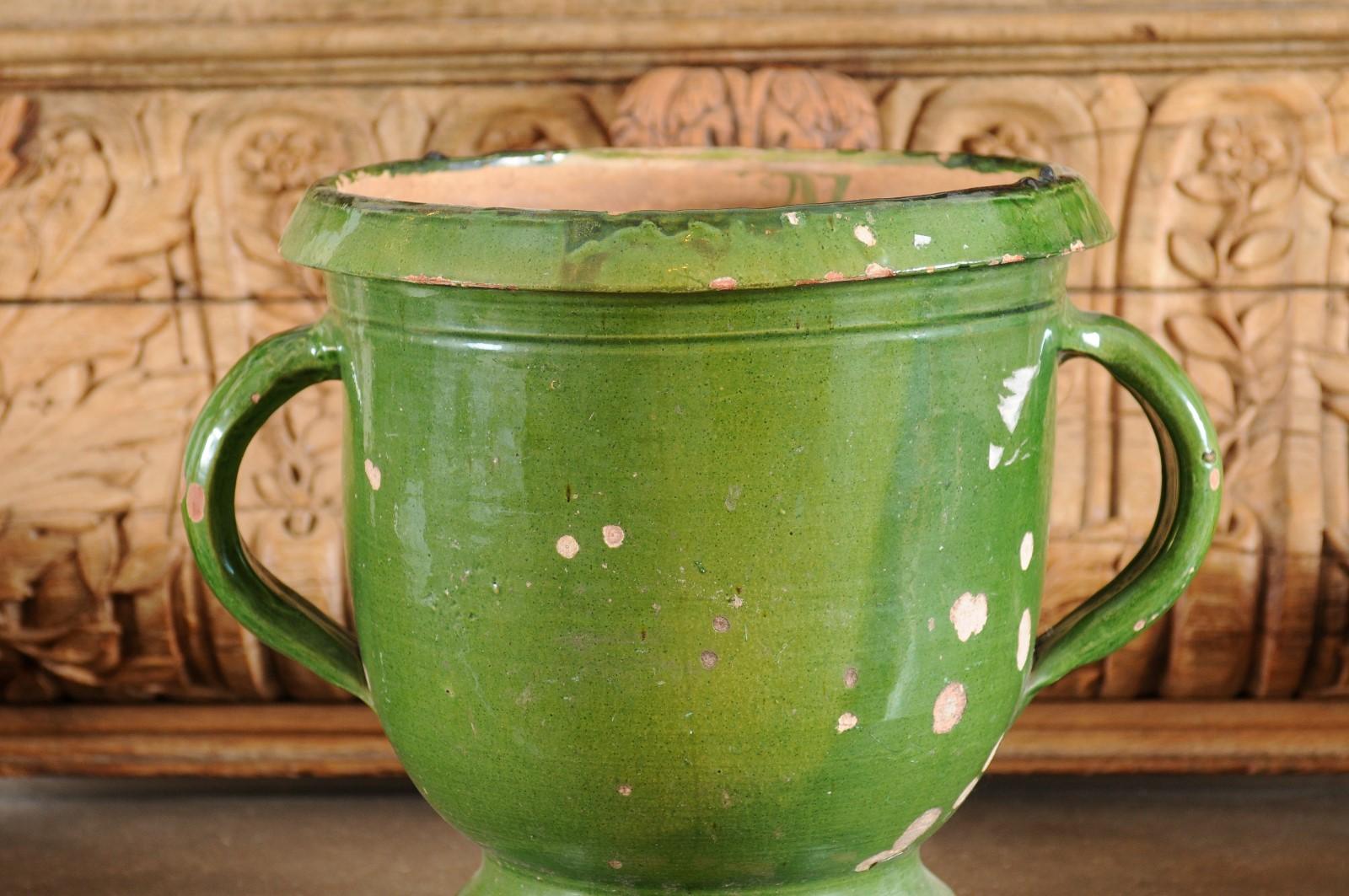 19th Century French Provincial 1850s Green Glazed Pottery Jardinière with Distressed Patina