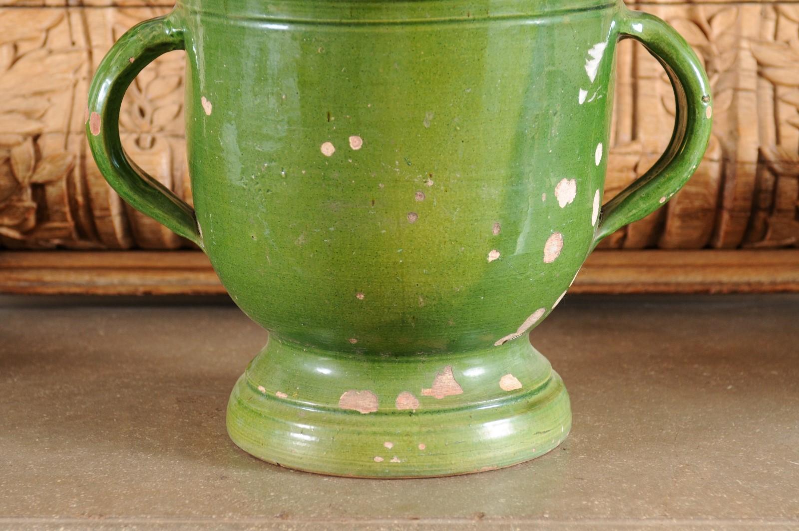 French Provincial 1850s Green Glazed Pottery Jardinière with Distressed Patina 1