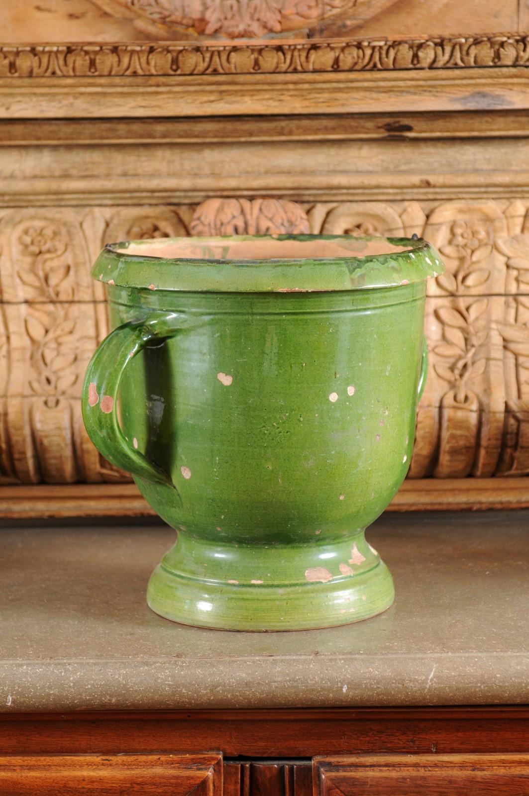 French Provincial 1850s Green Glazed Pottery Jardinière with Distressed Patina 2