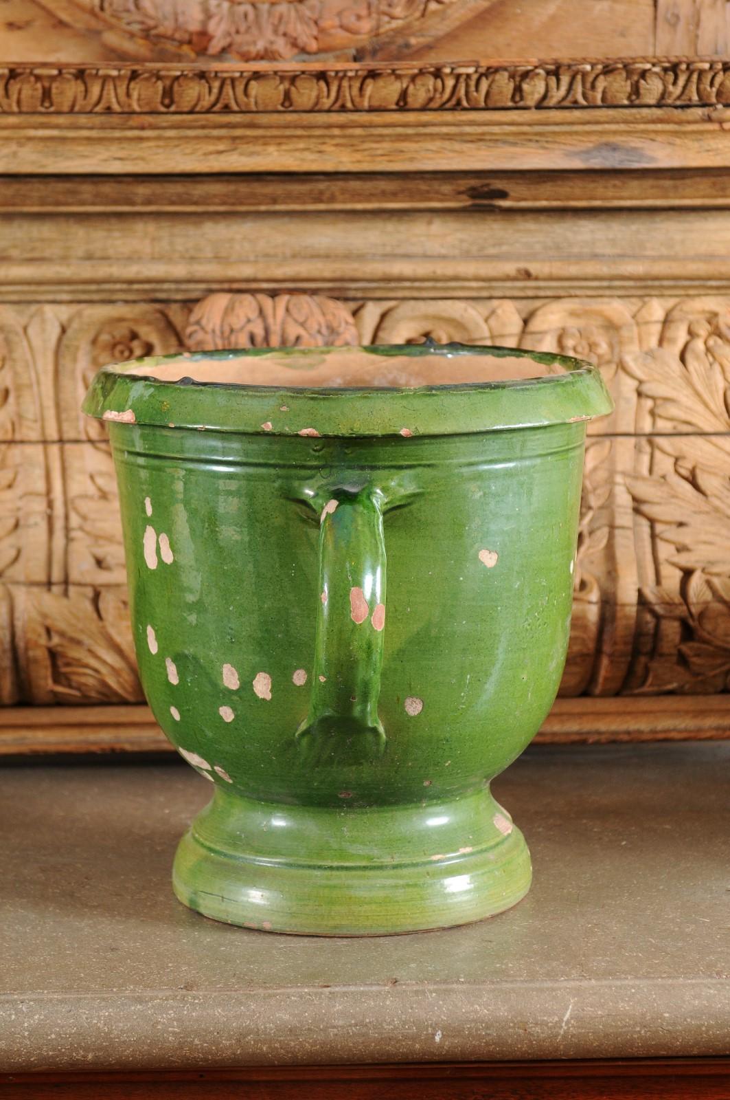 French Provincial 1850s Green Glazed Pottery Jardinière with Distressed Patina 3