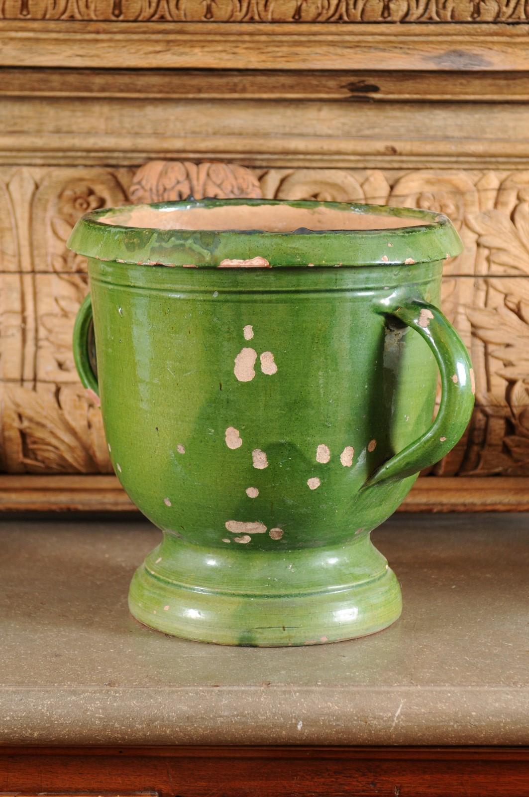 French Provincial 1850s Green Glazed Pottery Jardinière with Distressed Patina 4