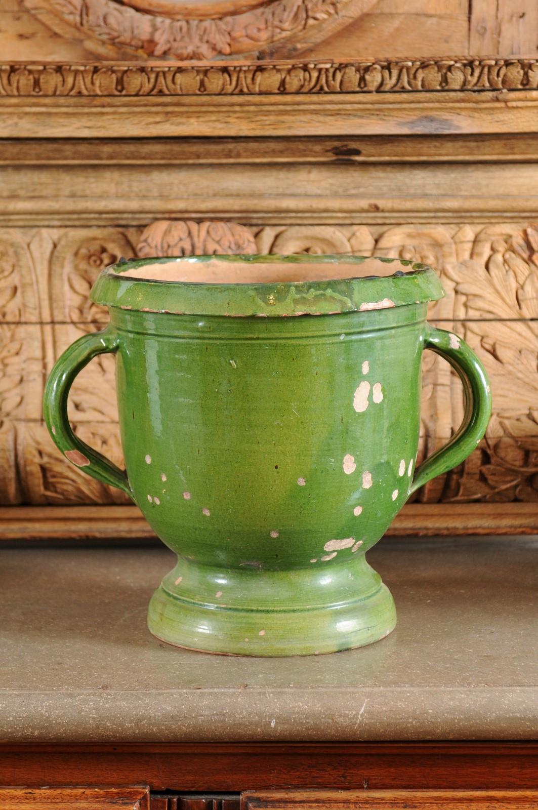 French Provincial 1850s Green Glazed Pottery Jardinière with Distressed Patina 5