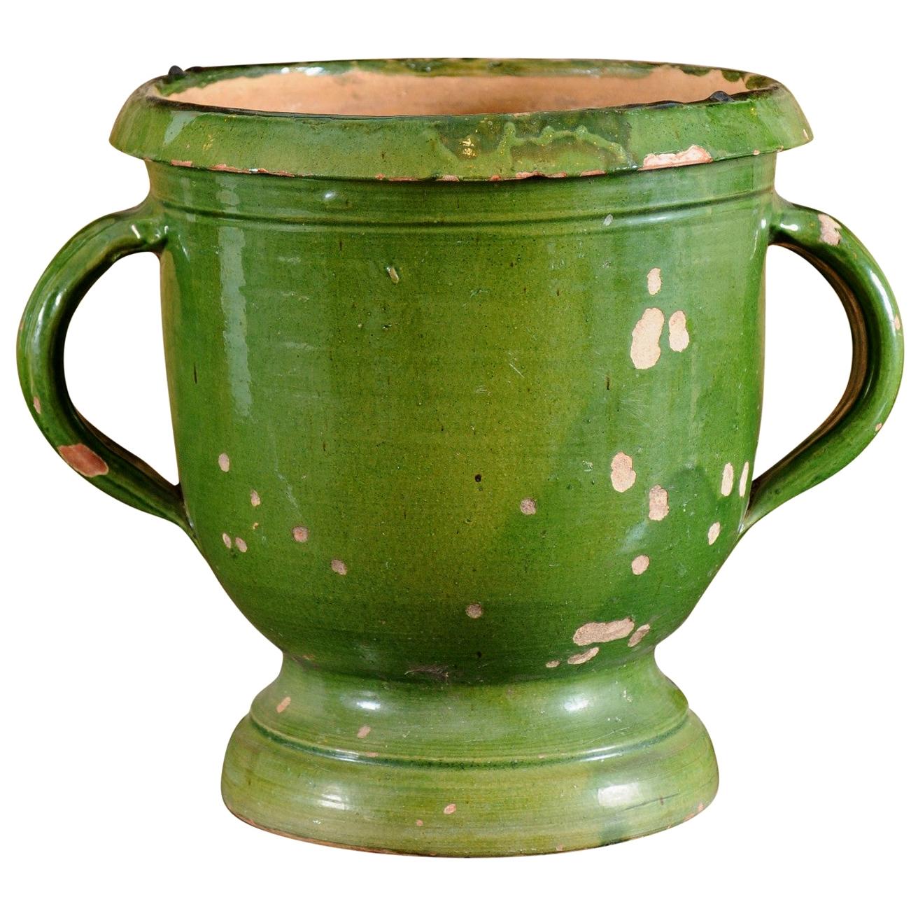 French Provincial 1850s Green Glazed Pottery Jardinière with Distressed Patina