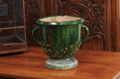 French Provincial 1850s Green Glazed Pottery Jardinière with Lateral Handles
