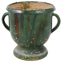 French Provincial 1850s Green Glazed Pottery Jardinière with Lateral Handles