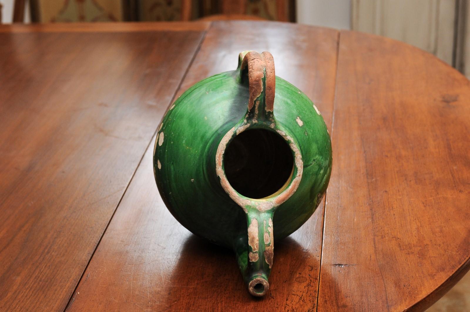 French Provincial 1850s Green Glazed Pottery Olive Oil Jug with Large Handles 6