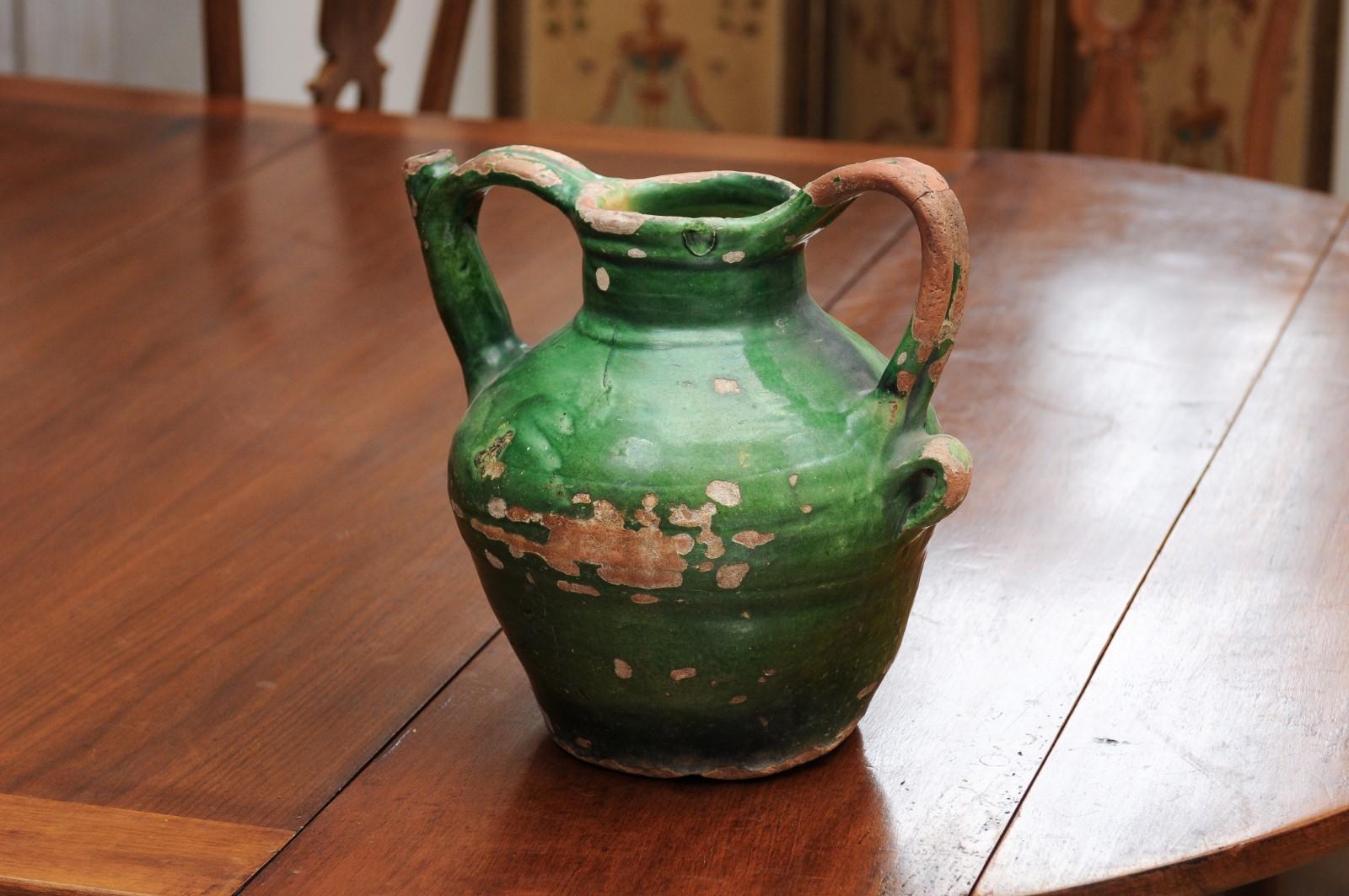 French Provincial 1850s Green Glazed Pottery Olive Oil Jug with Large Handles 1