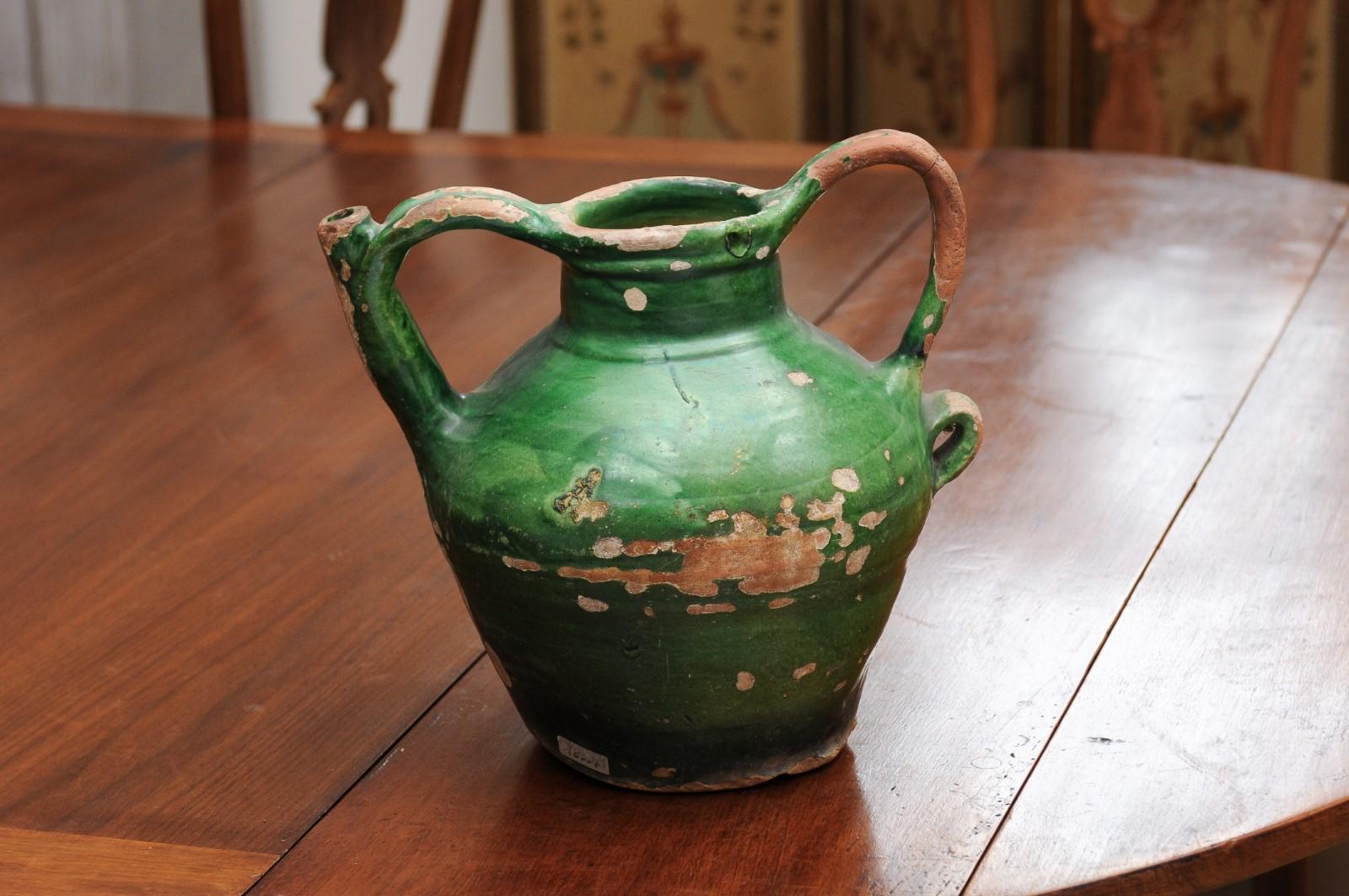 French Provincial 1850s Green Glazed Pottery Olive Oil Jug with Large Handles 2
