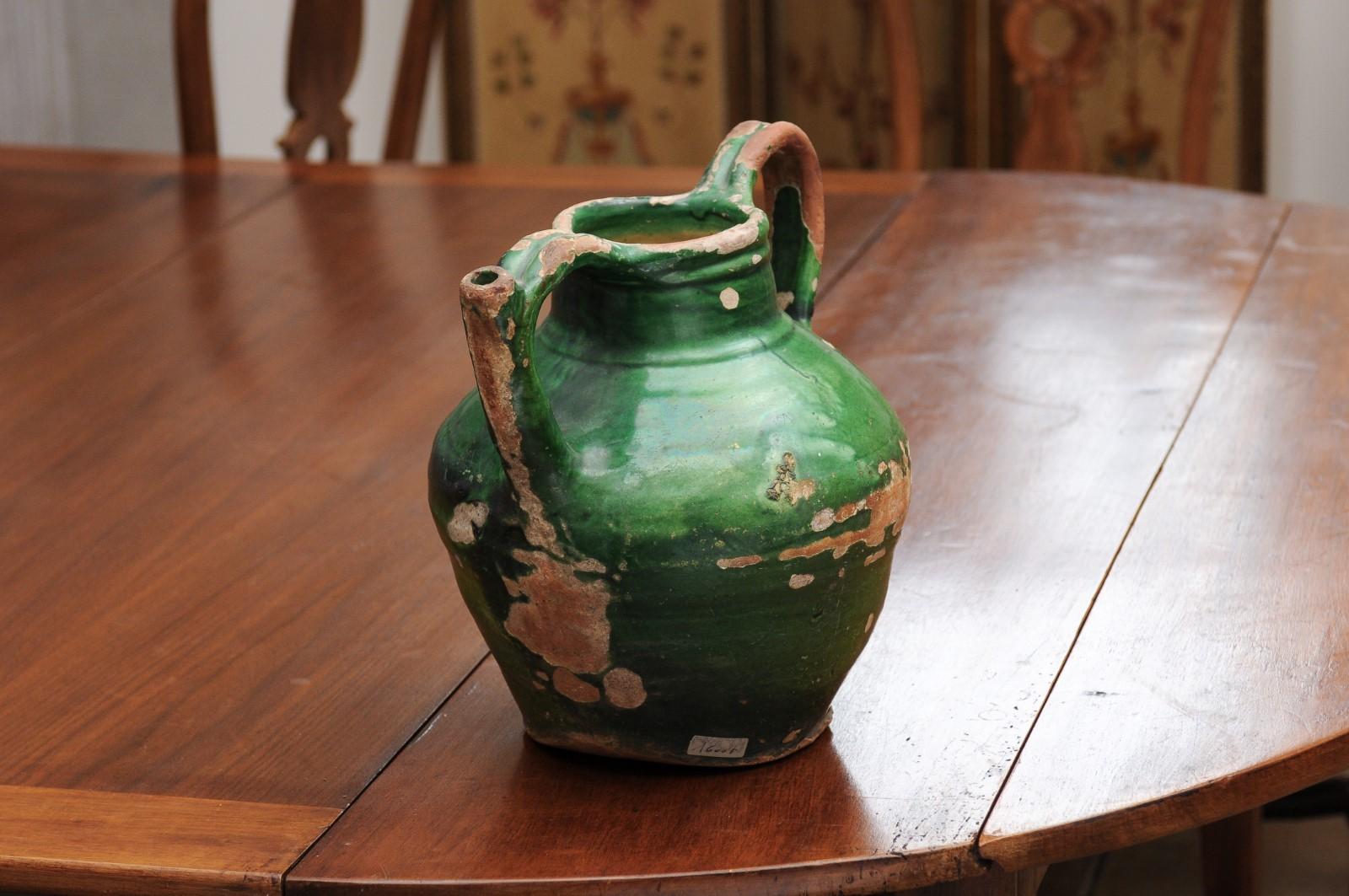 French Provincial 1850s Green Glazed Pottery Olive Oil Jug with Large Handles 3