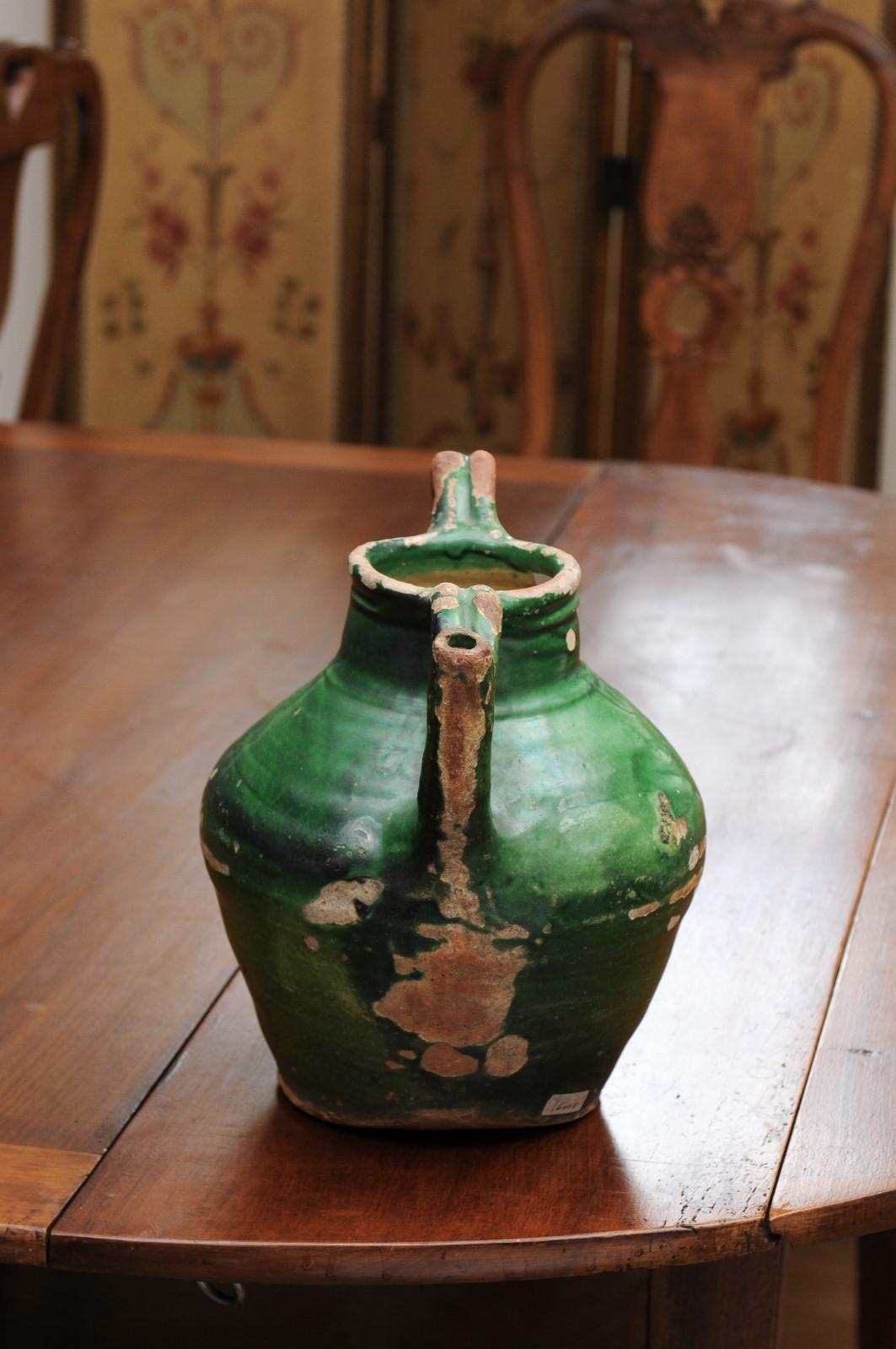 French Provincial 1850s Green Glazed Pottery Olive Oil Jug with Large Handles 4